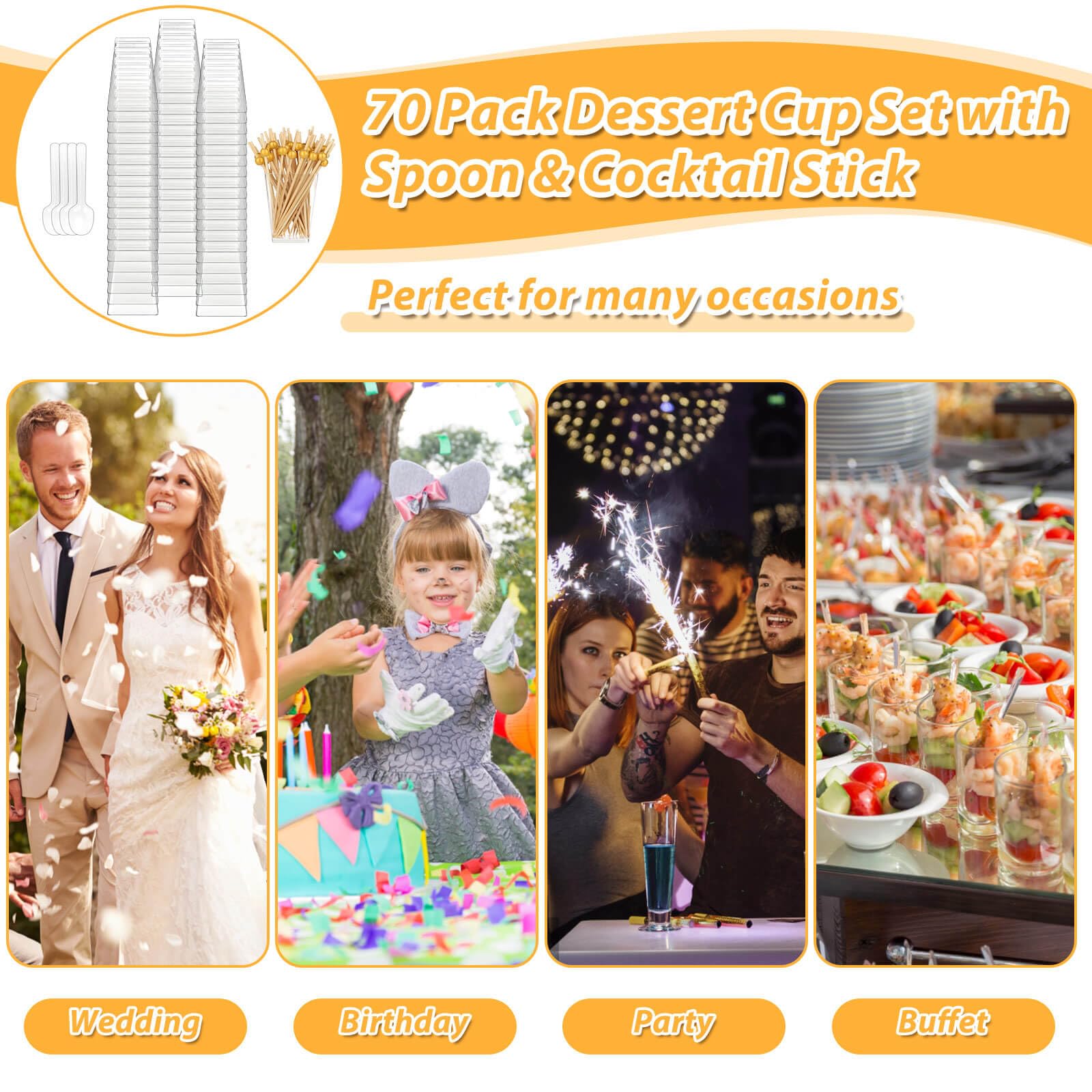 190-Piece 5 oz Clear Plastic Dessert Cups Set with Spoons & Cocktail Picks - Mini Parfait Shooter Cups for Party Appetizers, Yogurt, Pudding, Ice Cream, Jello - Perfect for Weddings, Baby Showers & Catering Events
