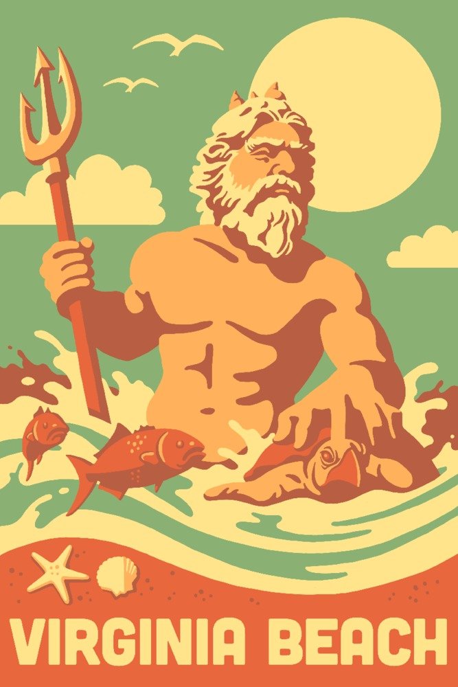 Virginia Beach King Neptune Statue Retro Travel Poster - 36x54 Giclee Gallery Print for Coastal Wall Decor | Perfect for Beach House, Office & Coastal Theme Room