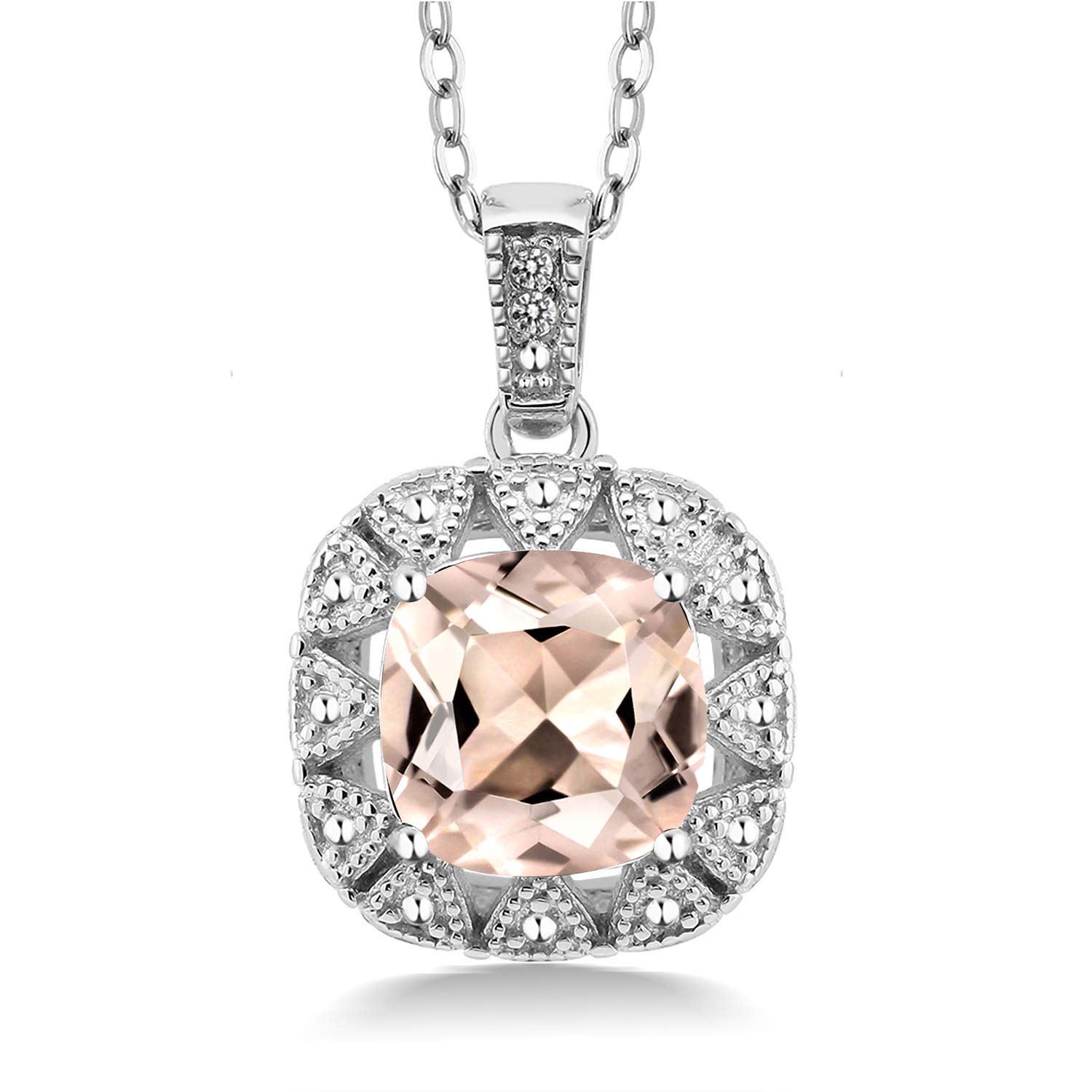 Gem Stone King 925 Sterling Silver Birthstone & White Diamond Necklace for Women | 8MM Cushion Cut Pendant with 18