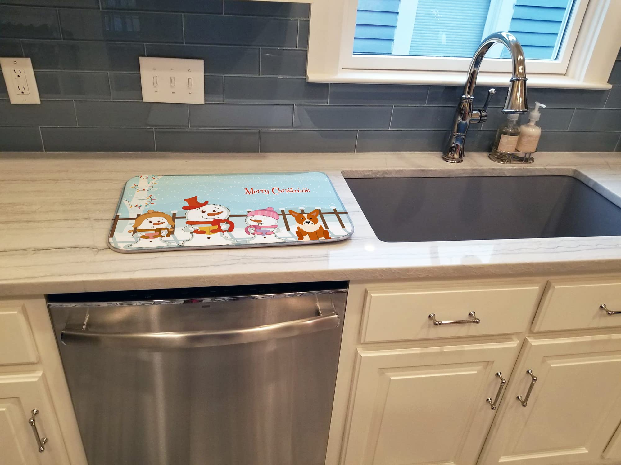 Merry Christmas Corgi Dish Drying Mat - Absorbent Kitchen Counter Mat (14x21