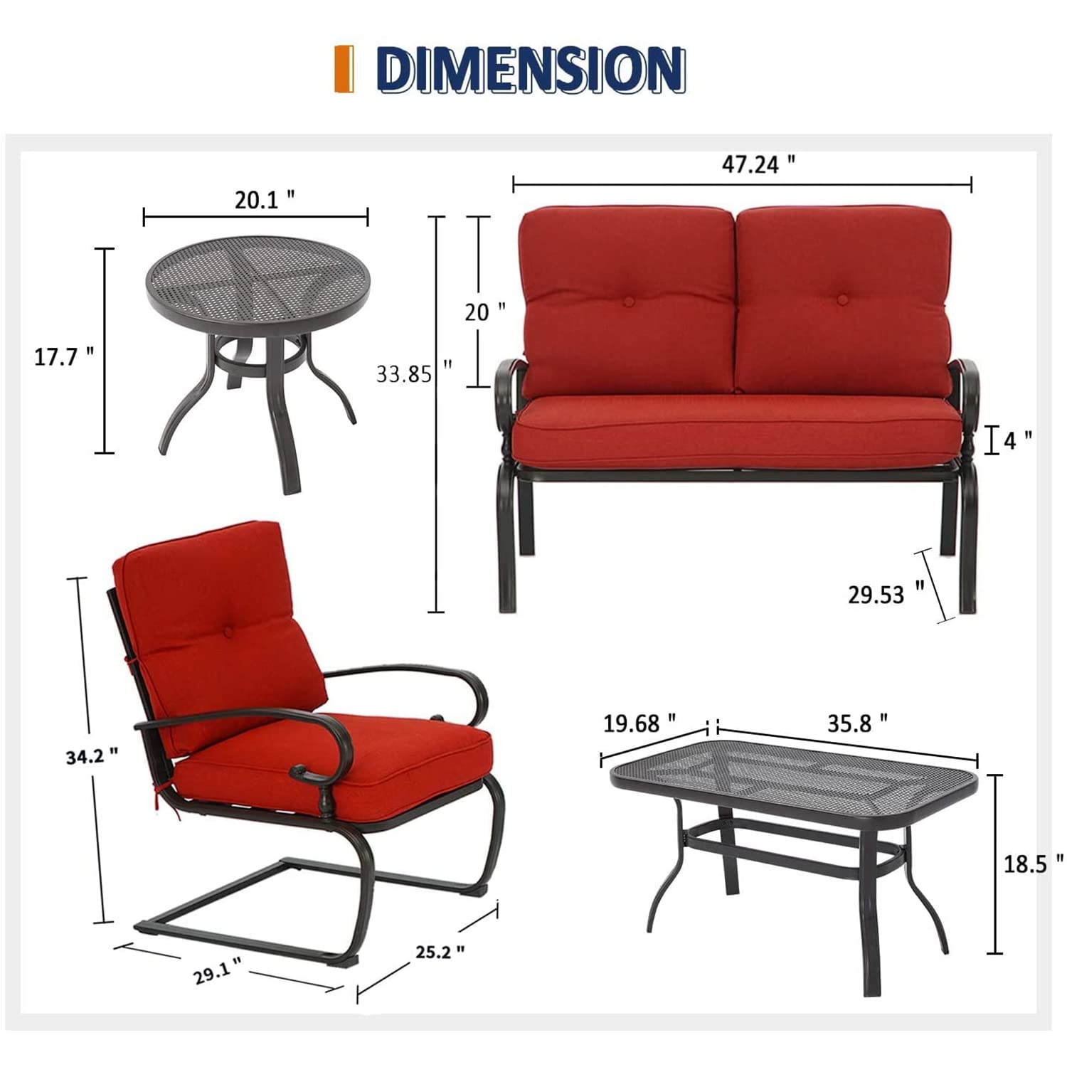 Incbruce 5-Piece Wrought Iron Patio Furniture Set - Outdoor Metal Conversation Set with Loveseat, Coffee Table, Bistro Table & 2 Spring Chairs (Includes Cushions, Red) - Perfect for Garden, Backyard, Poolside & Patio Relaxation
