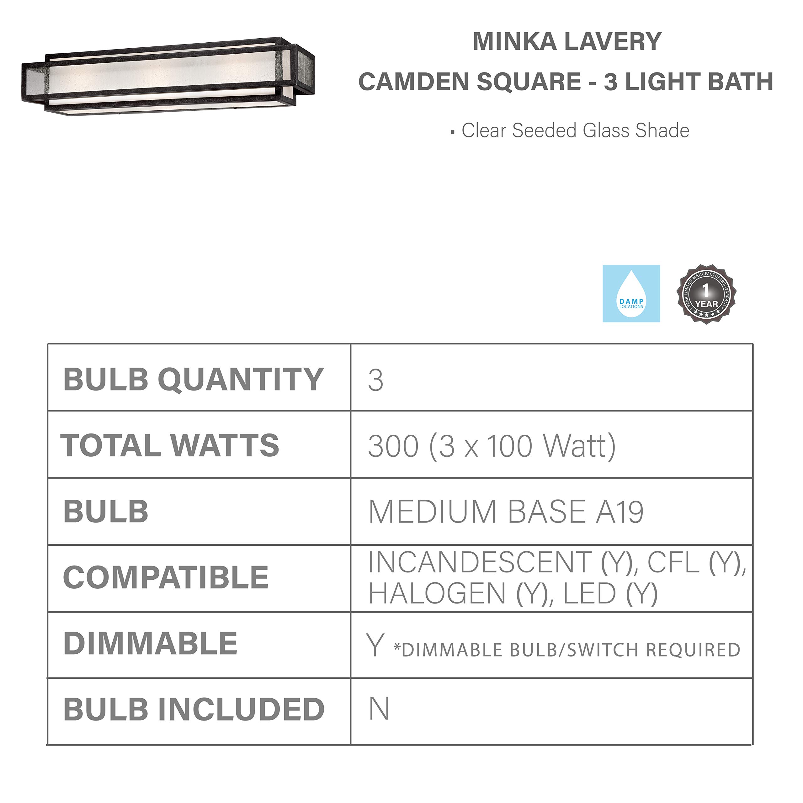 Minka Lavery 4873-283 Camden Square 3-Light Wall Sconce - 300W Bath Vanity Lighting with Aged Charcoal Finish & Glass Shade - Perfect for Bathroom, Bedroom, and Hallway Décor