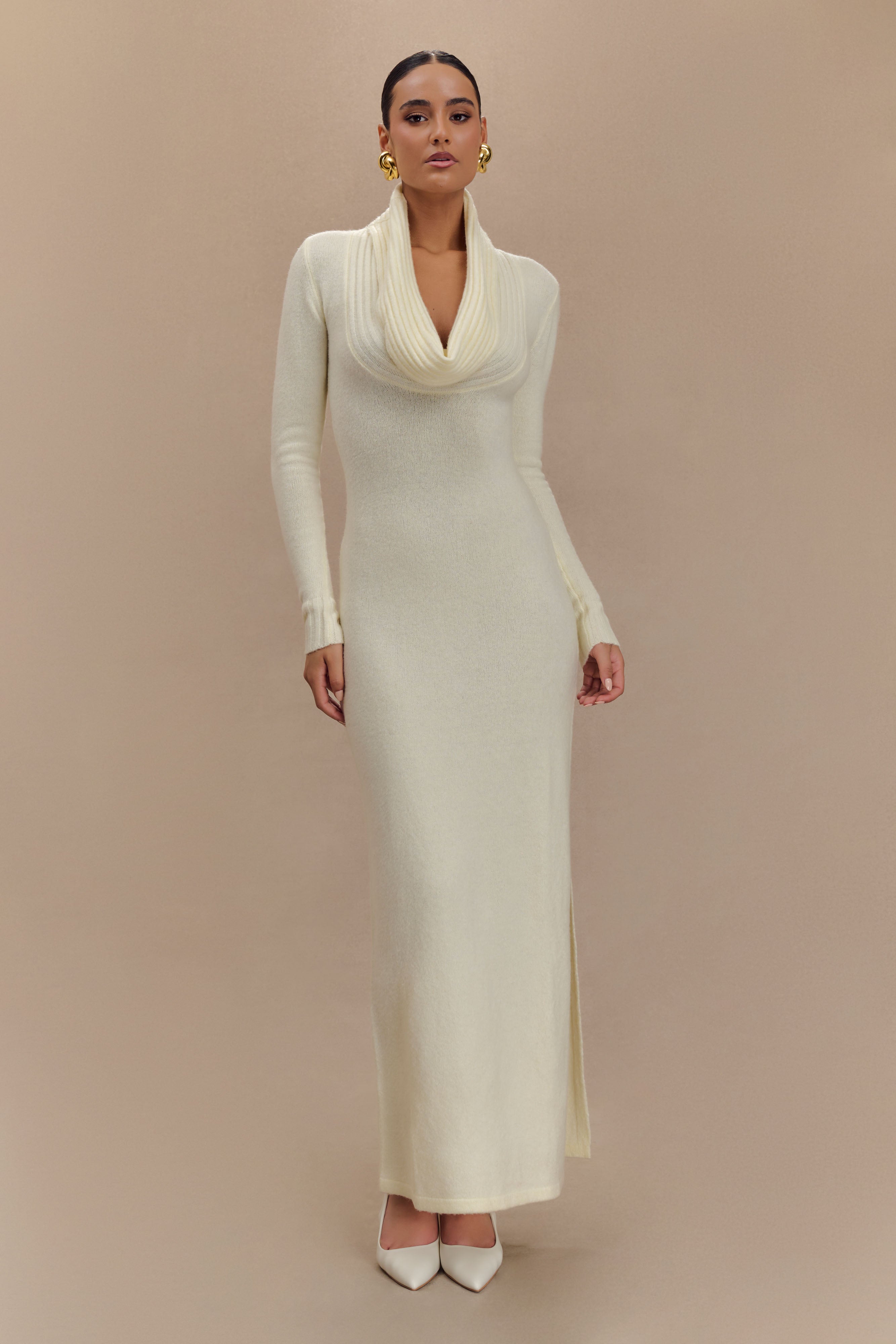 Alessandra Reversible Knit Maxi Dress - Ivory Marle | Women's Elegant Long Sleeve Wrap Dress for Parties, Weddings & Special Occasions