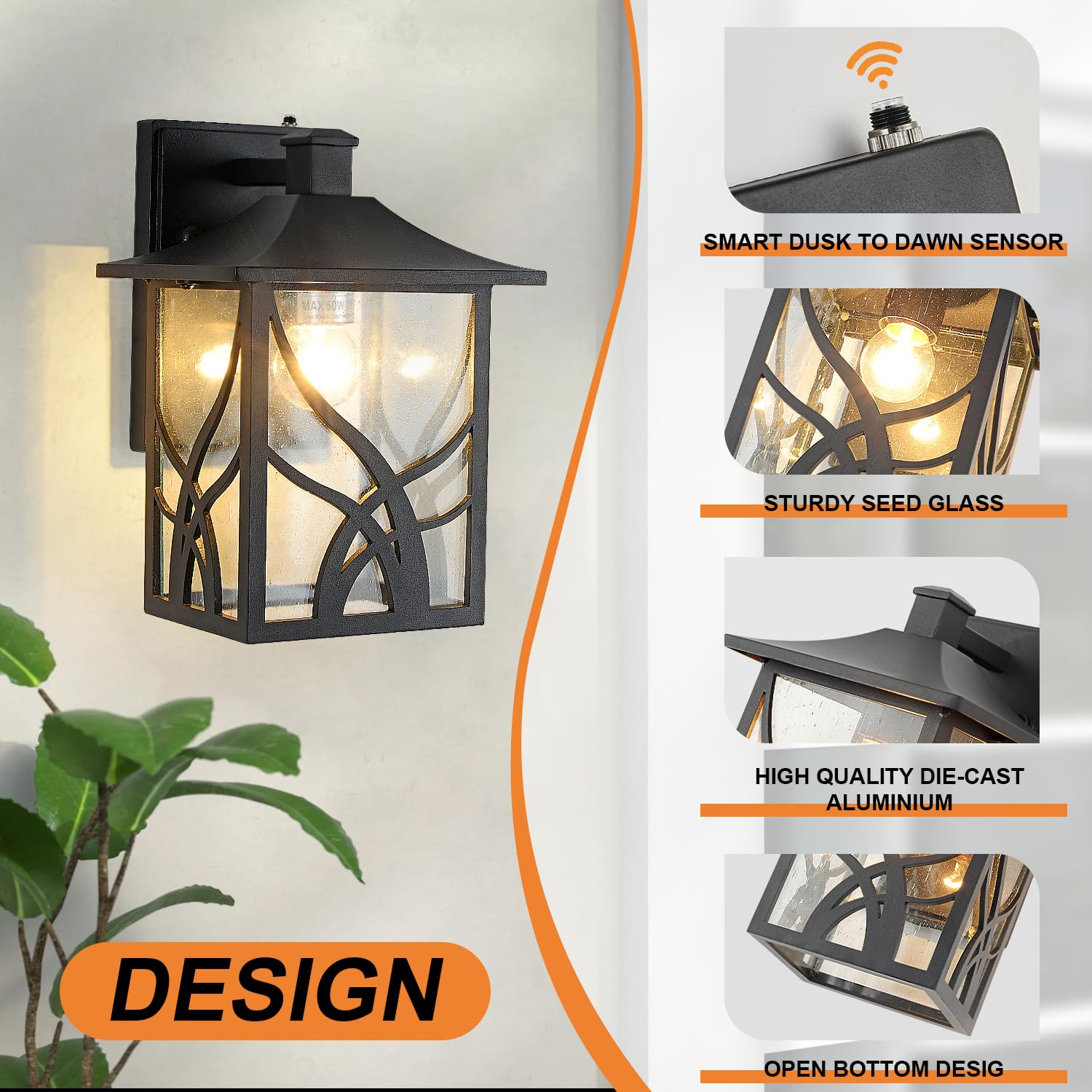 2 Pack Dusk to Dawn Outdoor Porch Lights - Black Exterior Wall Light Fixtures with Photocell Sensor & Clear Seeded Glass - Weatherproof Carriage Lights for House, Patio, Garage, Yard (Perfect for Entryways, Driveways & Outdoor Security Lighting)