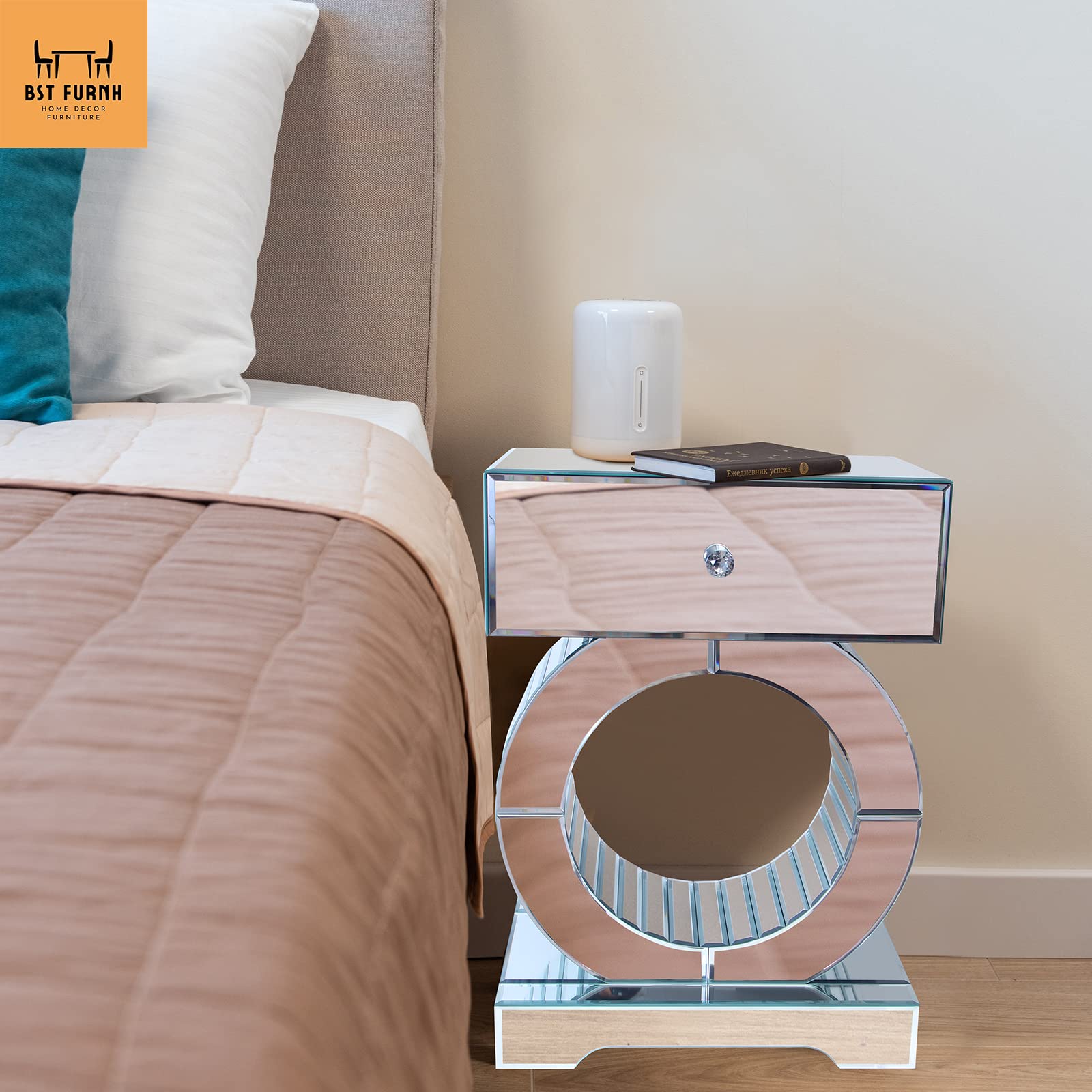 Modern Glass Side Table with Mirror & Drawer - Silver Accent Nightstand for Bedroom, Mirrored Dresser & Bedside Cabinet - Perfect for Small Spaces, Guest Rooms & Contemporary Home Decor