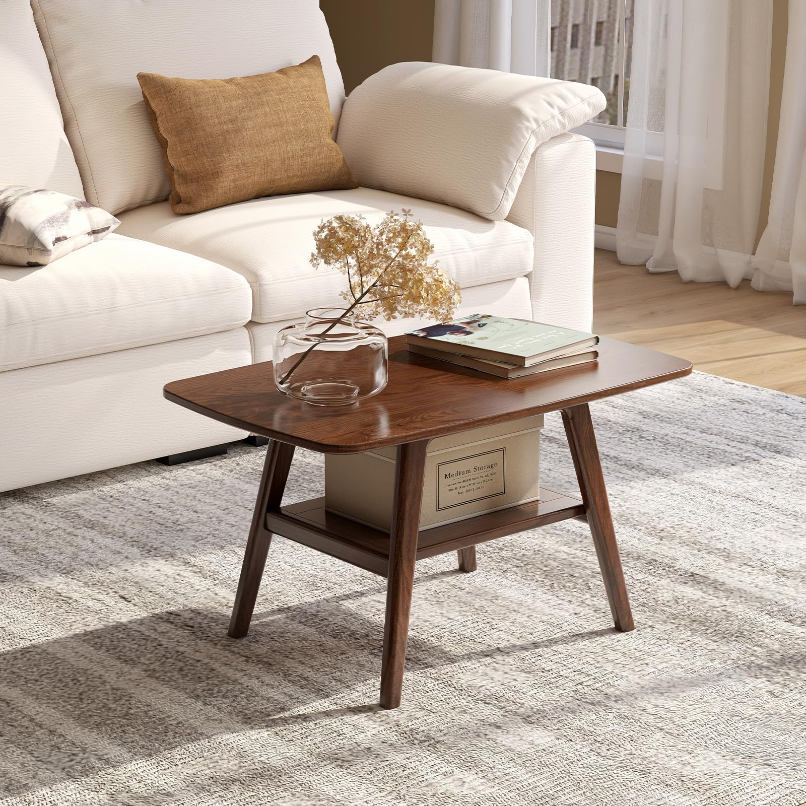 Solid Oak Wood Coffee Table - Mid Century Modern Design with Shelf Storage, Rounded Corners (31.5