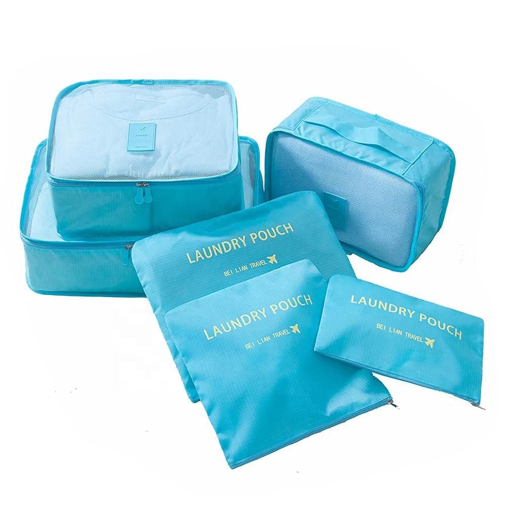 MOCOFO 6-Piece Travel Luggage Storage Bag Set - 3 Packing Cubes + 3 Small Garment Organizers for Suitcases (Blue) | Perfect for Airplane Carry-On, Vacation Packing & Closet Organization
