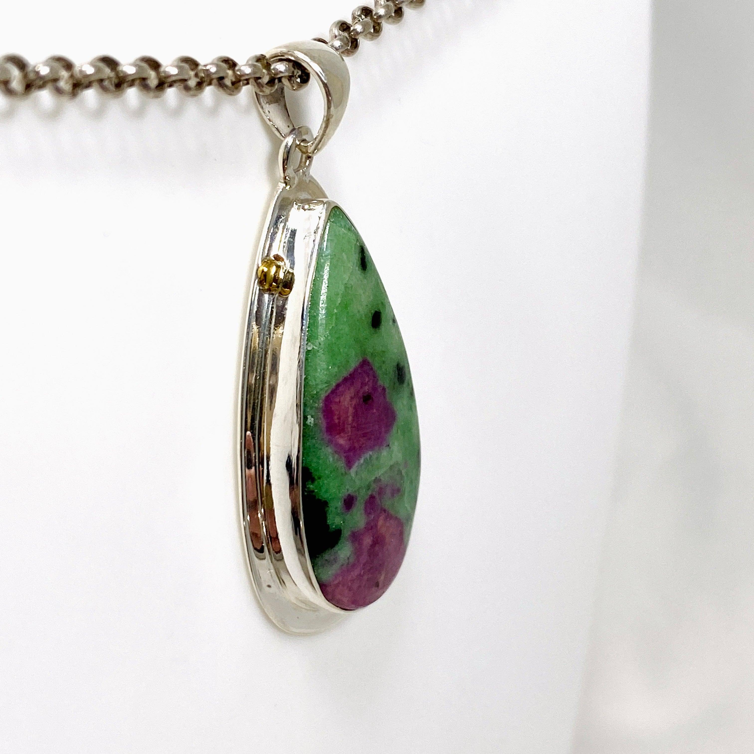 Natural Ruby in Zoisite Teardrop Pendant Necklace - Handcrafted Sterling Silver Jewelry KPGJ4494 | Perfect for Spiritual Healing, Meditation & Elegant Occasions