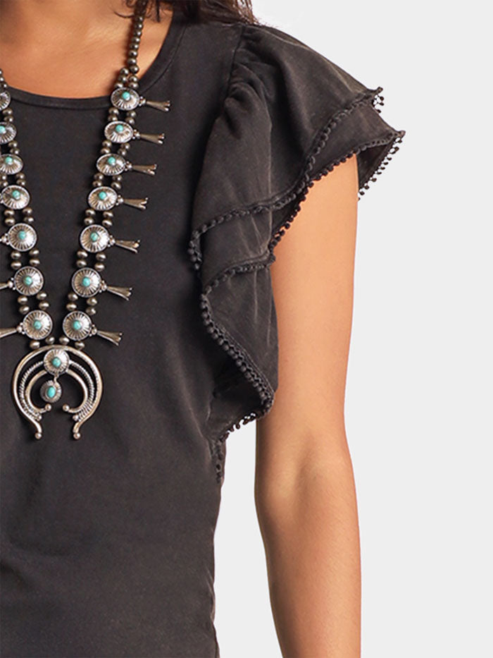 Panhandle LW51T05809 Women's Flutter Sleeve T-Shirt with Stud Trim - Black - Casual Wear & Summer Outfits
