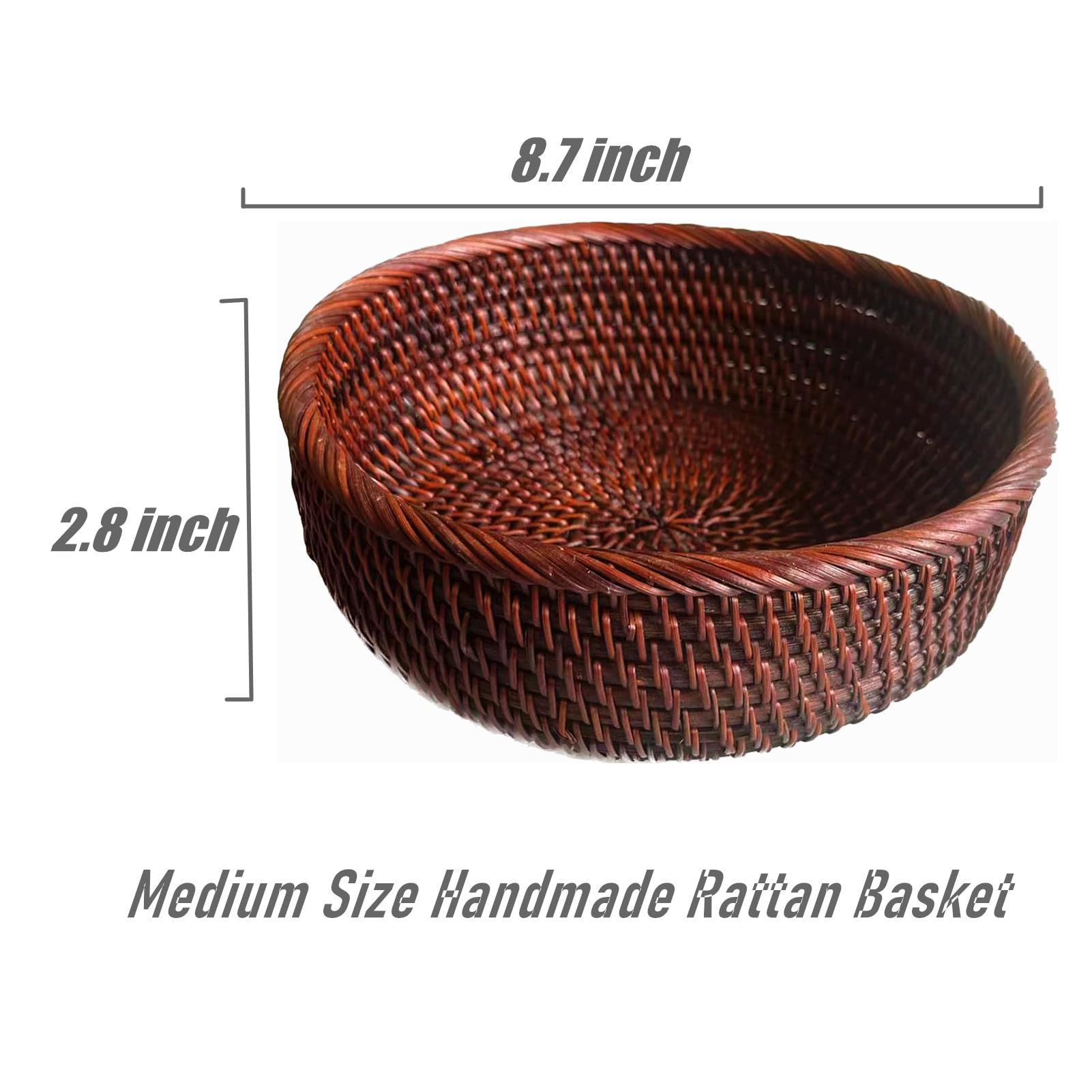 9 Inch Round Rattan Bowl Basket - Handmade Wicker Tray with Scalloped Edge & 3