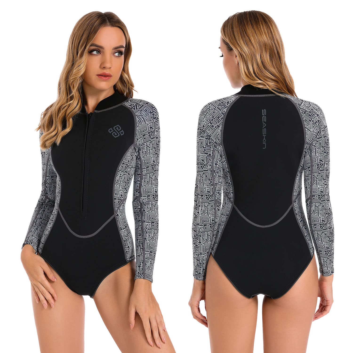Seaskin Women's 2mm One Piece Long Sleeve Shorty Wetsuit for Surfing, Diving & Water Sports | Warm & Flexible Neoprene Swimsuit