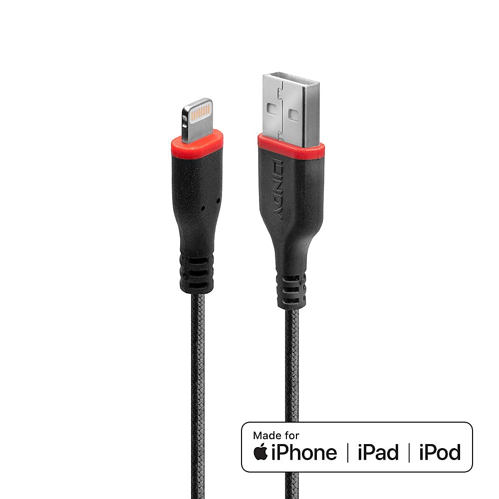 Premium LINDY 0.5m Reinforced USB-A to Lightning Cable - Fast Charging & Data Sync for iPhone/iPad - Durable for Home, Office & Travel Use
