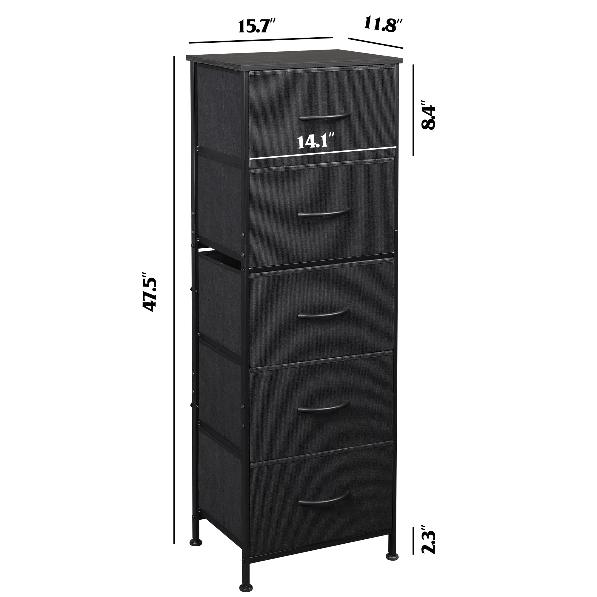 WLIVE 5-Drawer Fabric Dresser with Wood Top & Steel Frame - Tall Bedroom Storage Organizer with Fabric Bins - Space-Saving Chest of Drawers for Closet, Hallway or Nursery - Charcoal Black | Perfect for Small Spaces, Dorm Rooms & Apartment Organization
