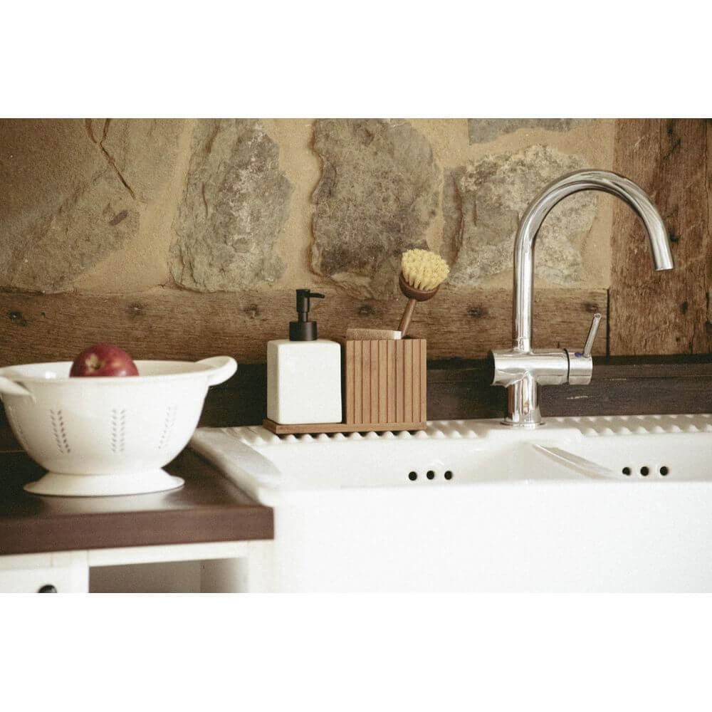 Premium Ceramic & Bamboo Dish Soap and Brush Holder Set - Kitchen Sink Organizer for Sponge, Scrubber & Liquid Soap Dispenser - Perfect for Modern Farmhouse, Rustic & Minimalist Kitchen Decor