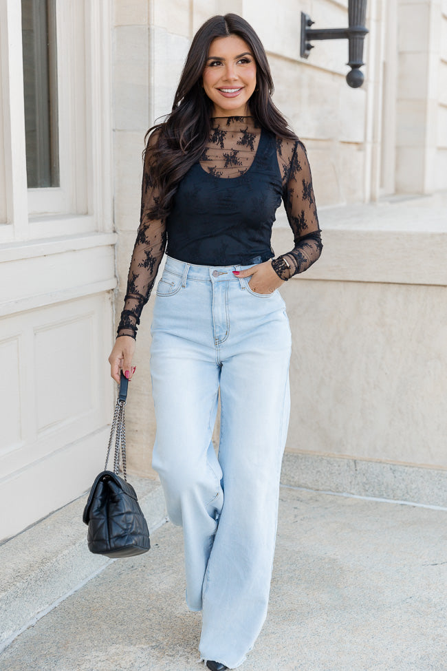 Speak Your Truth Black Mock Neck Lace Layering Blouse - Elegant Women's Fashion Top for Office, Date Night & Special Occasions