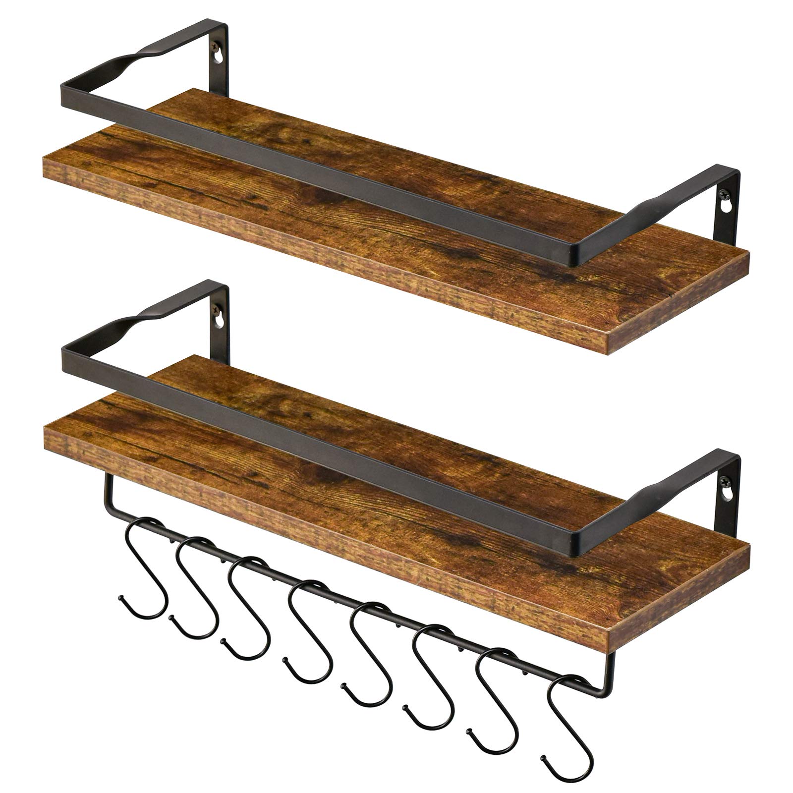 IBUYKE Floating Shelves for Wall - 42x15x8 cm Wooden Shelf with 8 Hooks - Space Saving Storage Organizer for Kitchen, Bathroom, Bedroom, Living Room & Office - Perfect for Spice Rack, Towel Holder, Books and Decorative Display