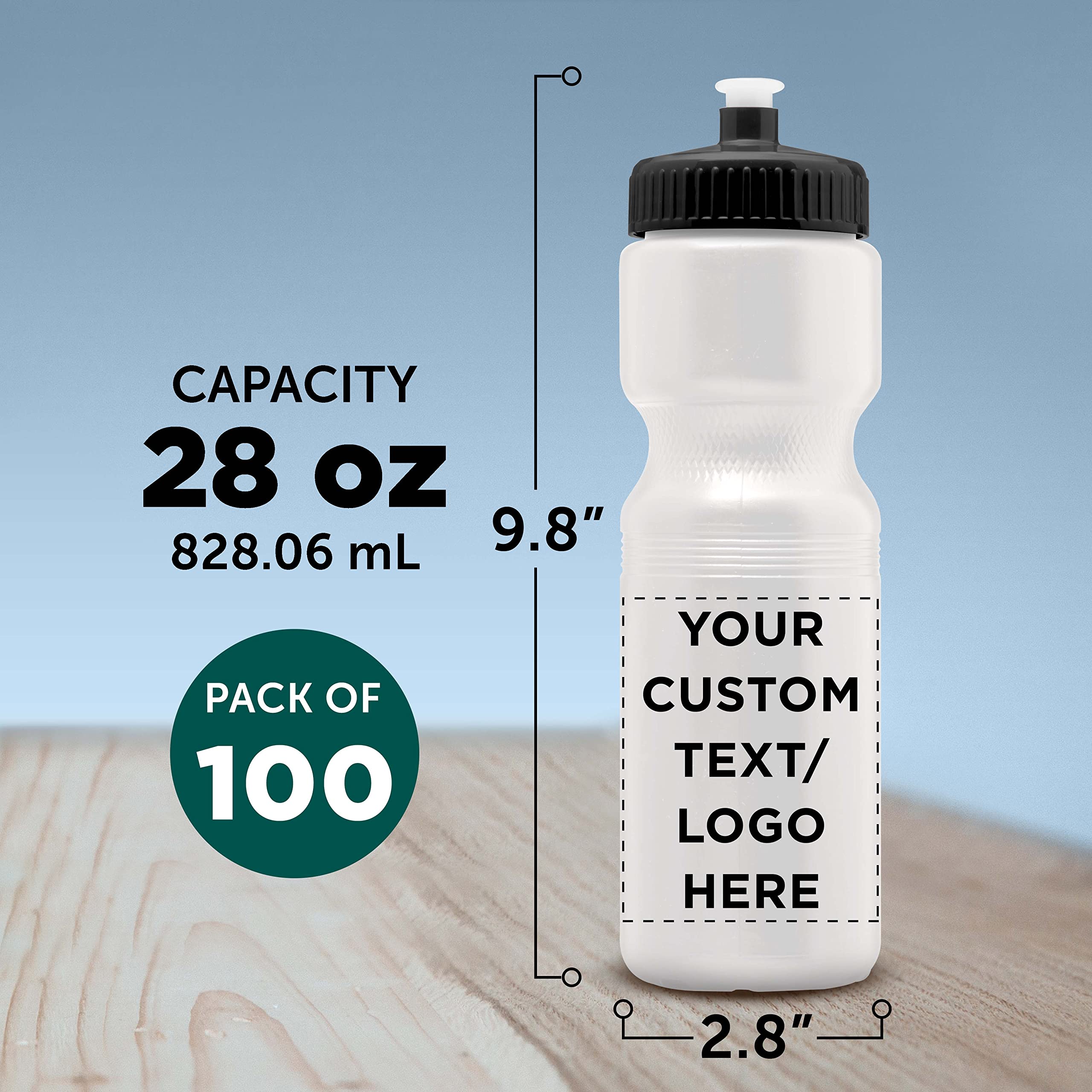 28 oz. Custom Push Cap Plastic Water Bottles - Bulk Pack of 100 - Personalized Water Bottles for Gym, Hiking, Camping & Outdoor Sports - Durable White Reusable Water Bottles - Great for Team Events, Corporate Gifts & Promotional Giveaways