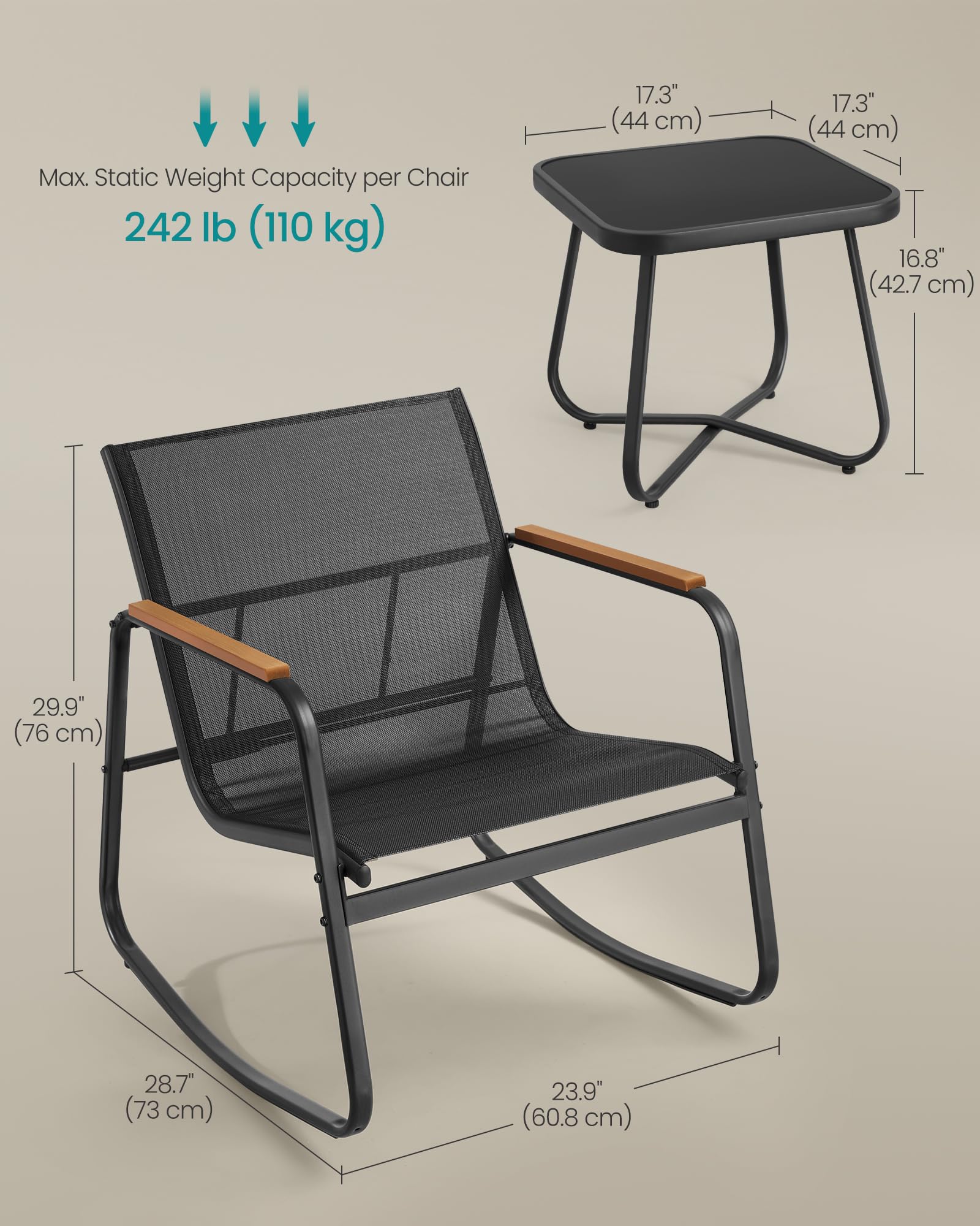 SONGMICS 3-Piece Outdoor Patio Furniture Set with 2 Rocking Chairs & Table - Steel Frame, Breathable Synthetic Fabric, Ink Black - Perfect for Garden, Backyard, Lawn or Poolside Relaxation UGGF0027B01