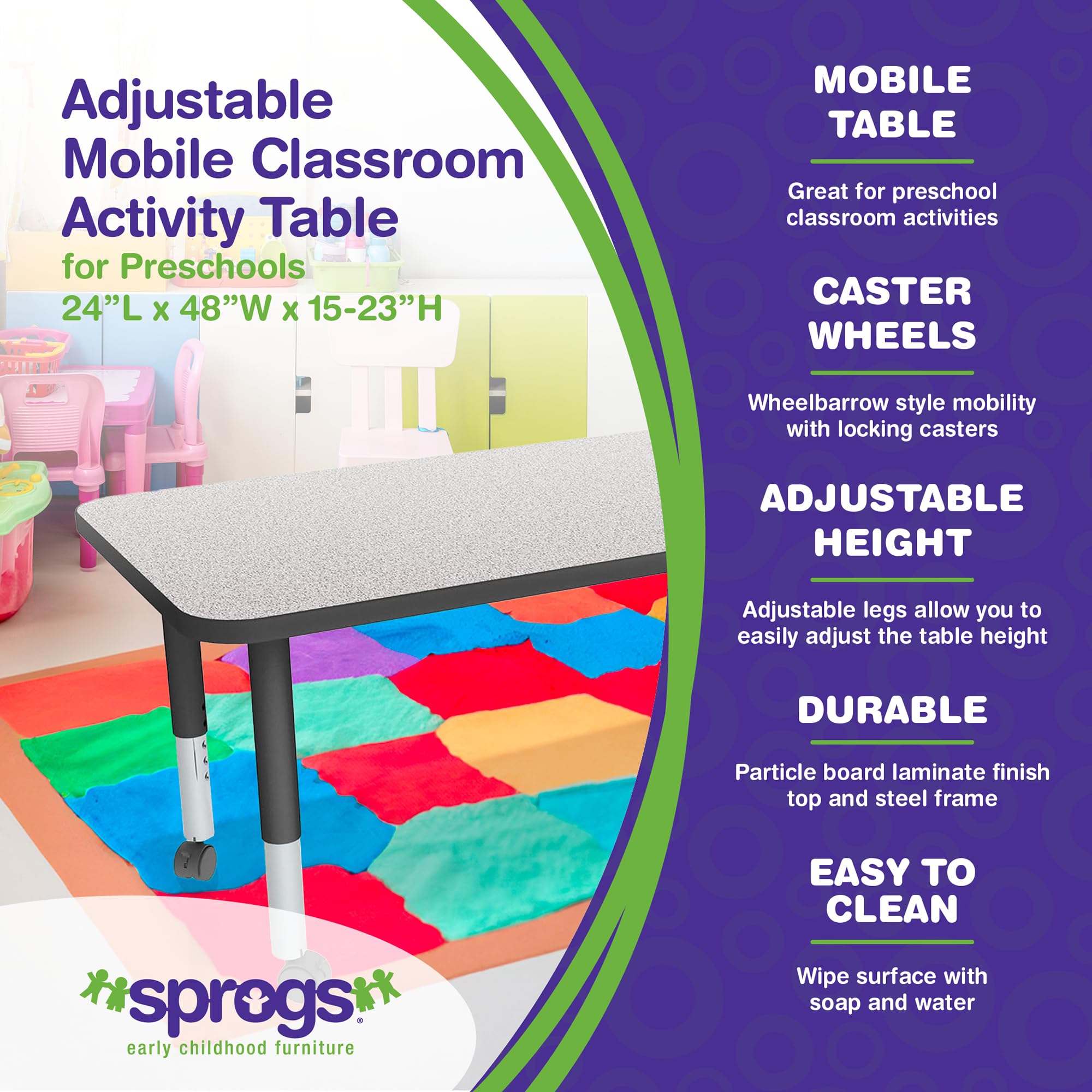 Adjustable Height Mobile Preschool Activity Table with Casters - 24