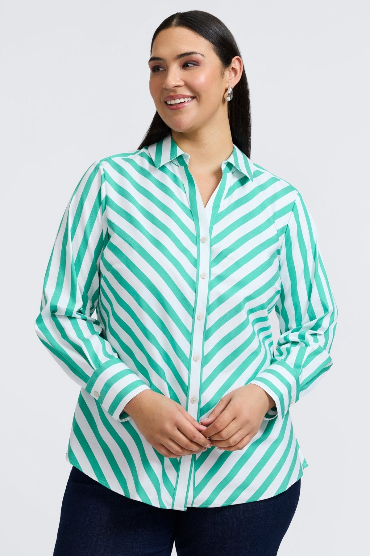 Mary Plus Springtime Stripe Long Sleeve Shirt for Women - Casual Button Down Blouse with Striped Pattern - Perfect for Office, Date Night & Spring Outfits