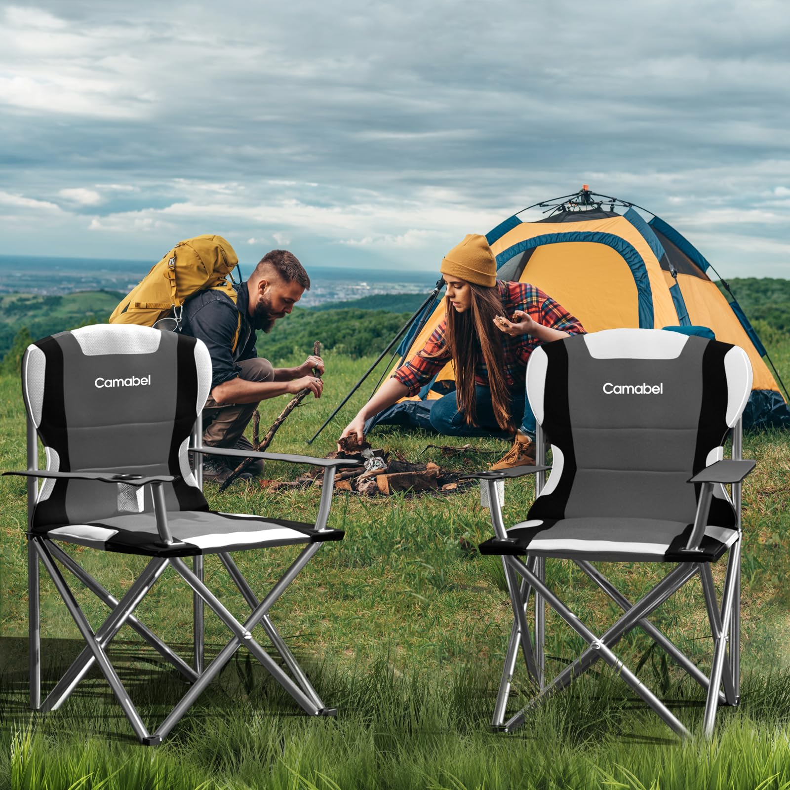 Camabel Heavy Duty Folding Camping Chair - 400 LB Capacity Oversized Padded Portable Beach Chair with Cup Holder & Carry Bag - Perfect for Outdoor Camping, Hiking, Picnics, Fishing, Backyard & Beach Relaxation