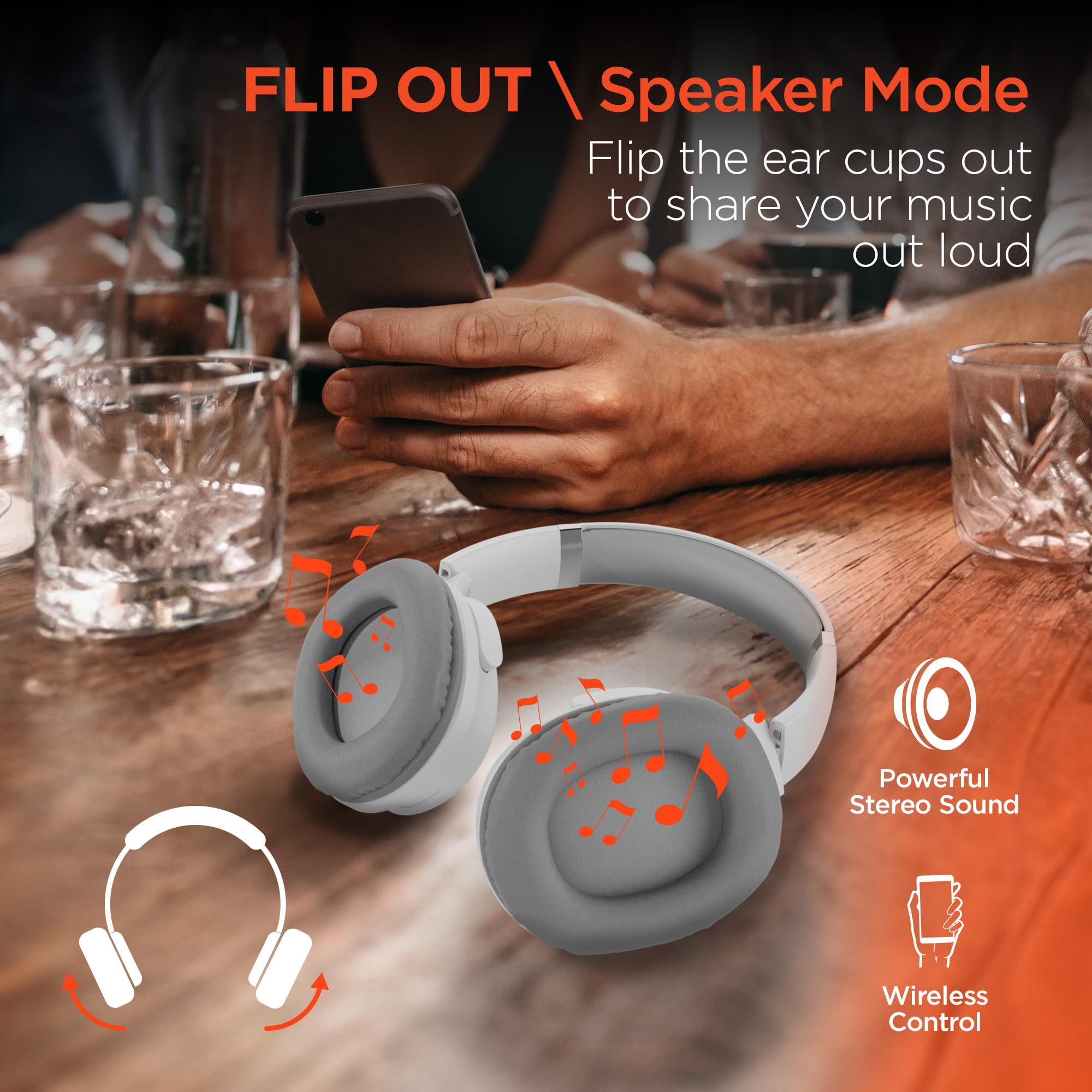Foldable Wireless Headphones with HD Stereo Sound - Convert Between Personal Listening & Surround Sound Modes | White | Perfect for Travel, Workouts & Home Entertainment