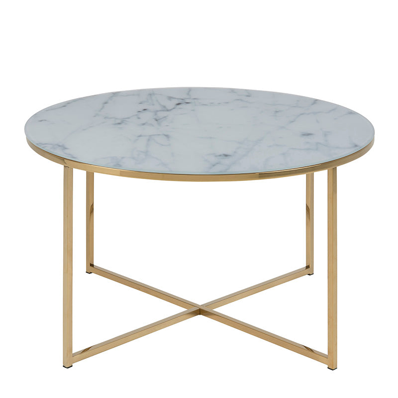 KOLINA 80cm Glass Marble Round Coffee Table - Modern White & Gold Chrome Finish Living Room Centerpiece for Home Decor