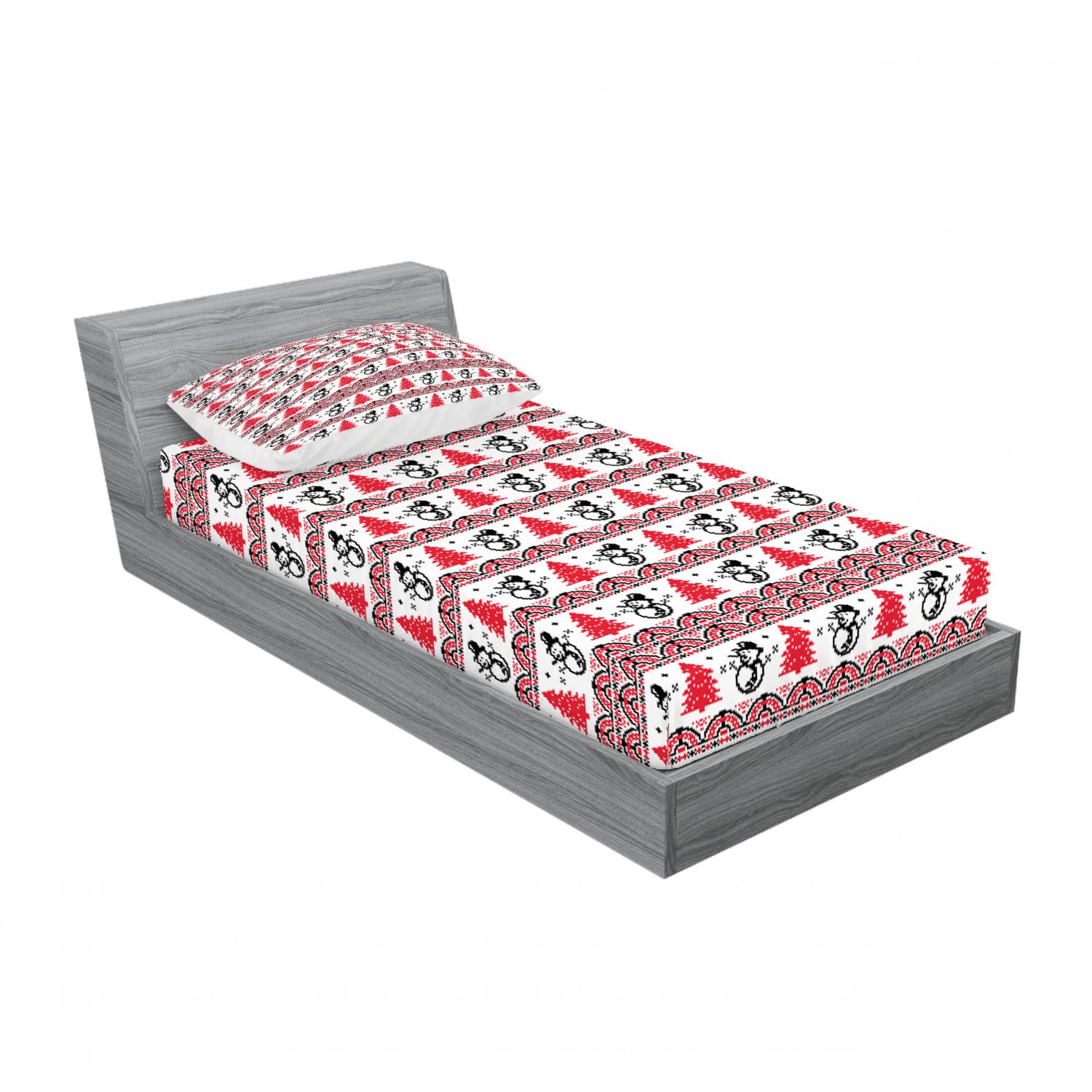 Ambesonne Christmas 2-Pack Twin XL Fitted Sheets & Pillow Sham Set - Nordic Pixel Pattern Red Black White 4-Piece Bedding Decor | Holiday Home Decor for Guest Rooms, Dorms & Seasonal Bedroom Styling