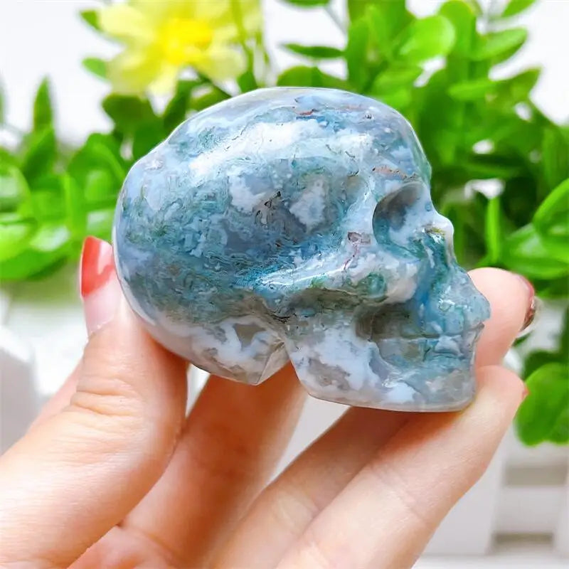 2 Inch Natural Moss Agate Skull Carving - Polished Quartz Healing Crystal Stones for Meditation, Reiki, Chakra Balancing - Home Decor, DIY Crafts, Gift Idea (1 Piece)