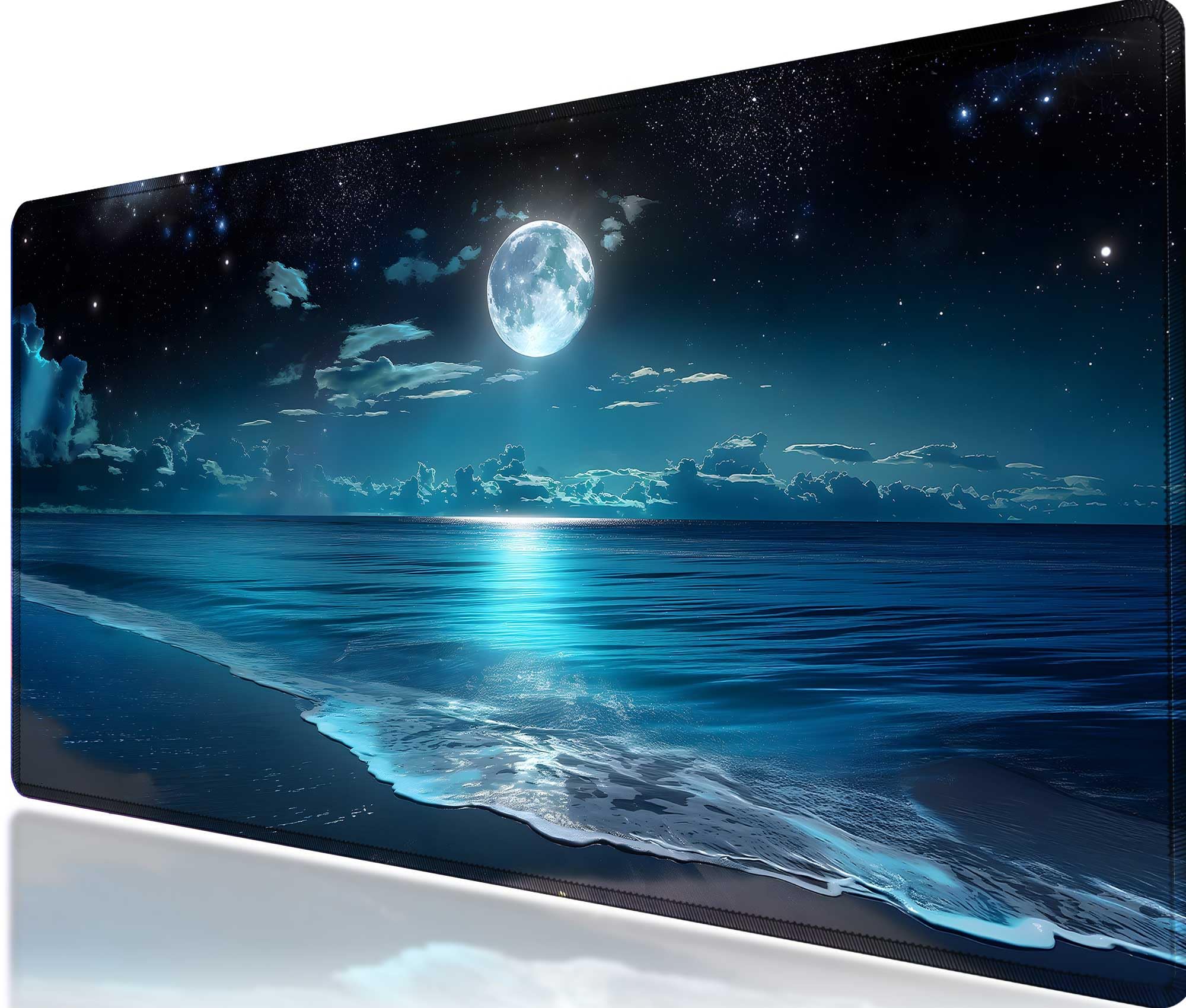 Moon Illuminating Clear Blue Ocean Design - Extra Large Gaming Mouse Pad (35.4x15.7in) with Stitched Edges, Non-Slip Rubber Base & Waterproof Surface | Perfect for PC Gaming, Office Work & Home Computer Setup