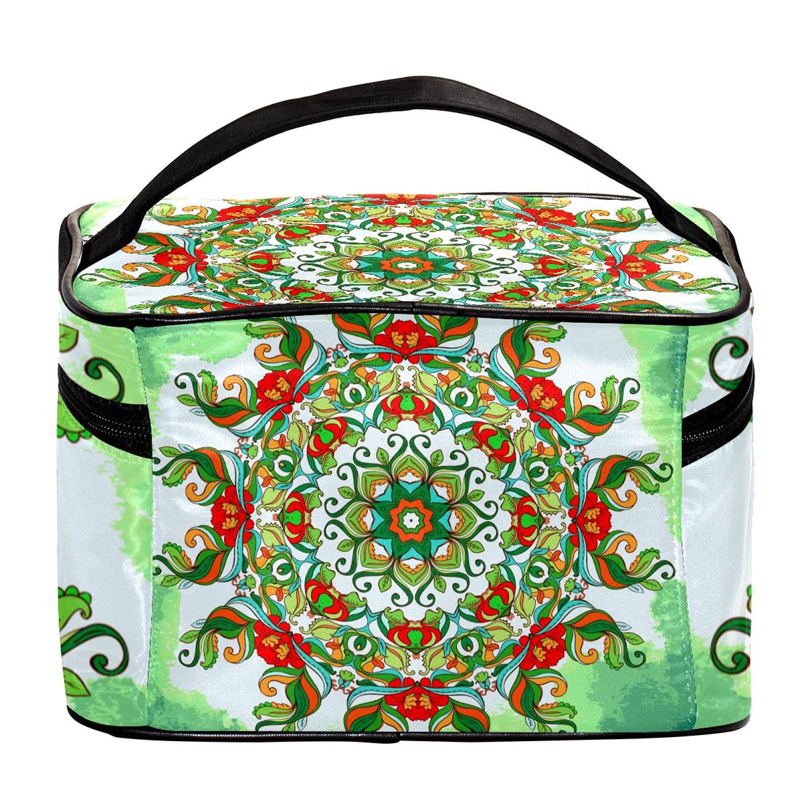 Trippy Green Mandala Floral Travel Makeup Bag - Large Cosmetic Organizer with Zipper for Women & Girls | Perfect for Vacation, Gym, and Daily Essentials Storage