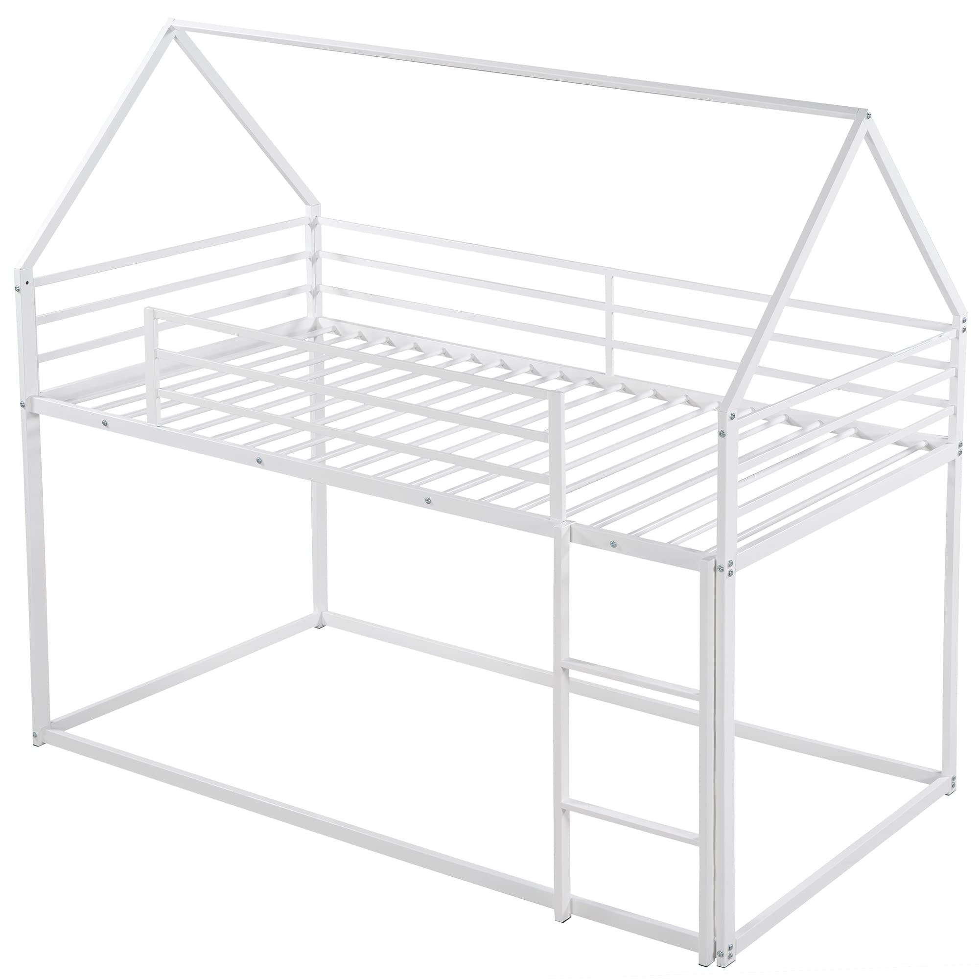 **Metal Twin Over Twin Bunk Bed with Roof - White House Bunk Beds for Kids & Toddlers - Space-Saving Floor Bed for Small Rooms, Playrooms & Sleepovers**