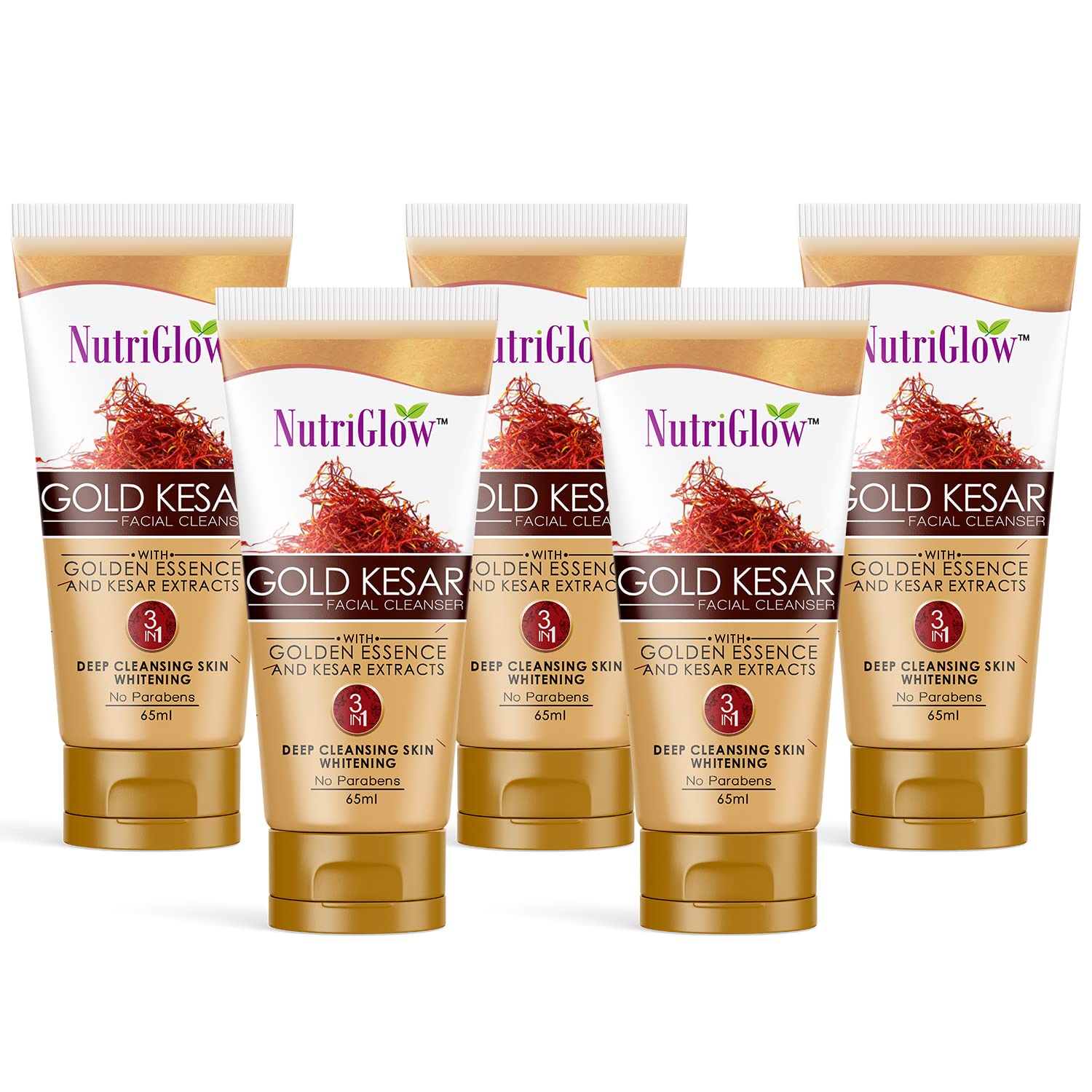 NutriGlow Gold Kesar Face Wash for Radiant Skin - Deep Cleansing, Skin Tightening, Non-Foaming Formula - Paraben & Sulfate Free - Suitable for All Skin Types - 65ml (Pack of 5) - Perfect for Daily Skincare Routine & Travel