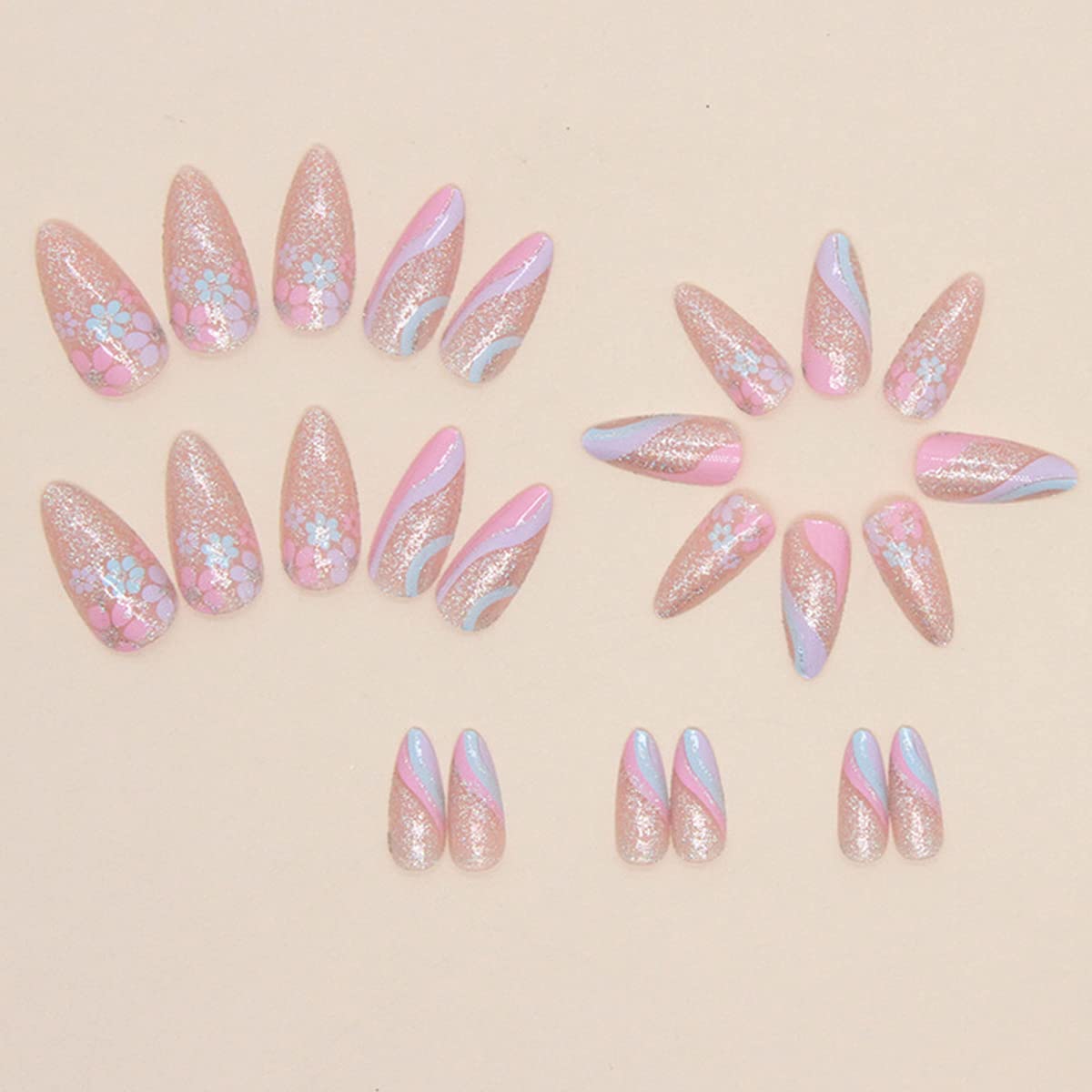 24Pcs Flower Press on Nails - Almond Fake Nails with Wave Lines & Small Floral Shiny Designs - Cute Acrylic Nails with Glitter Tips - Glossy Artificial Glue on Nails for Women & Girls - Perfect for Parties, Weddings, and Everyday Nail Decorations