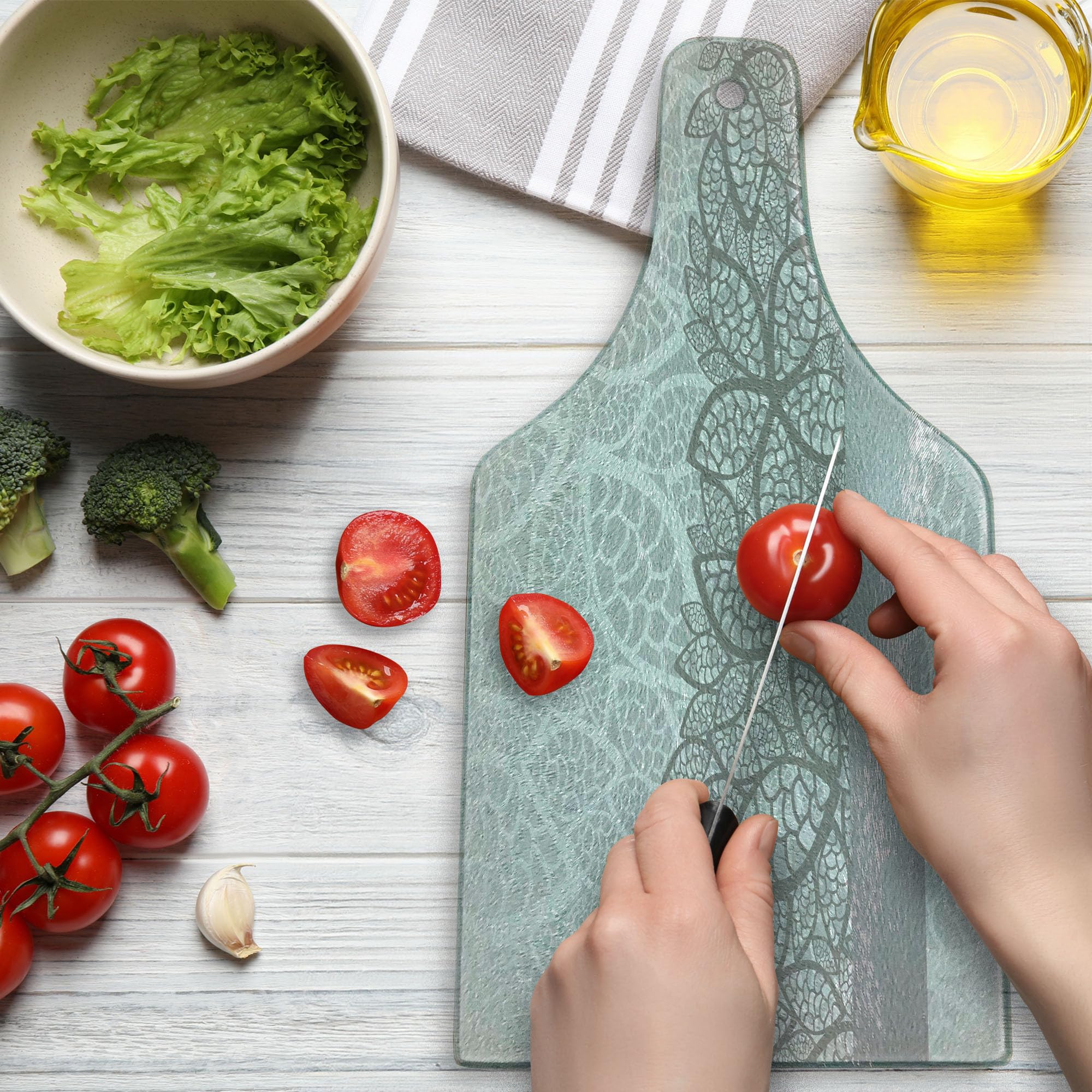 Ambesonne Grey Tempered Glass Cutting Board - Lace Flower & Stylized Leaves Design - Decorative Serving Board for Kitchen, Wedding, Bridal Shower - Wine Bottle Shape in Pale Grey & White - Perfect for Cheese, Charcuterie & Wine Pairing