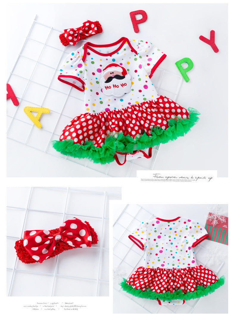C15 Baby Girl Christmas Outfit - Santa Claus Themed Colorful Dots Bodysuit Dress & Headwrap 2-Piece Set | Holiday Photo Shoot & Family Gathering Outfit 1124