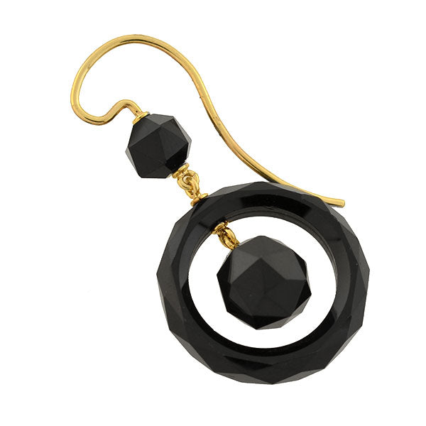 Victorian Style 14K Gold Faceted Onyx Ball & Ring Drop Earrings - Elegant Vintage Jewelry for Weddings, Parties & Special Occasions