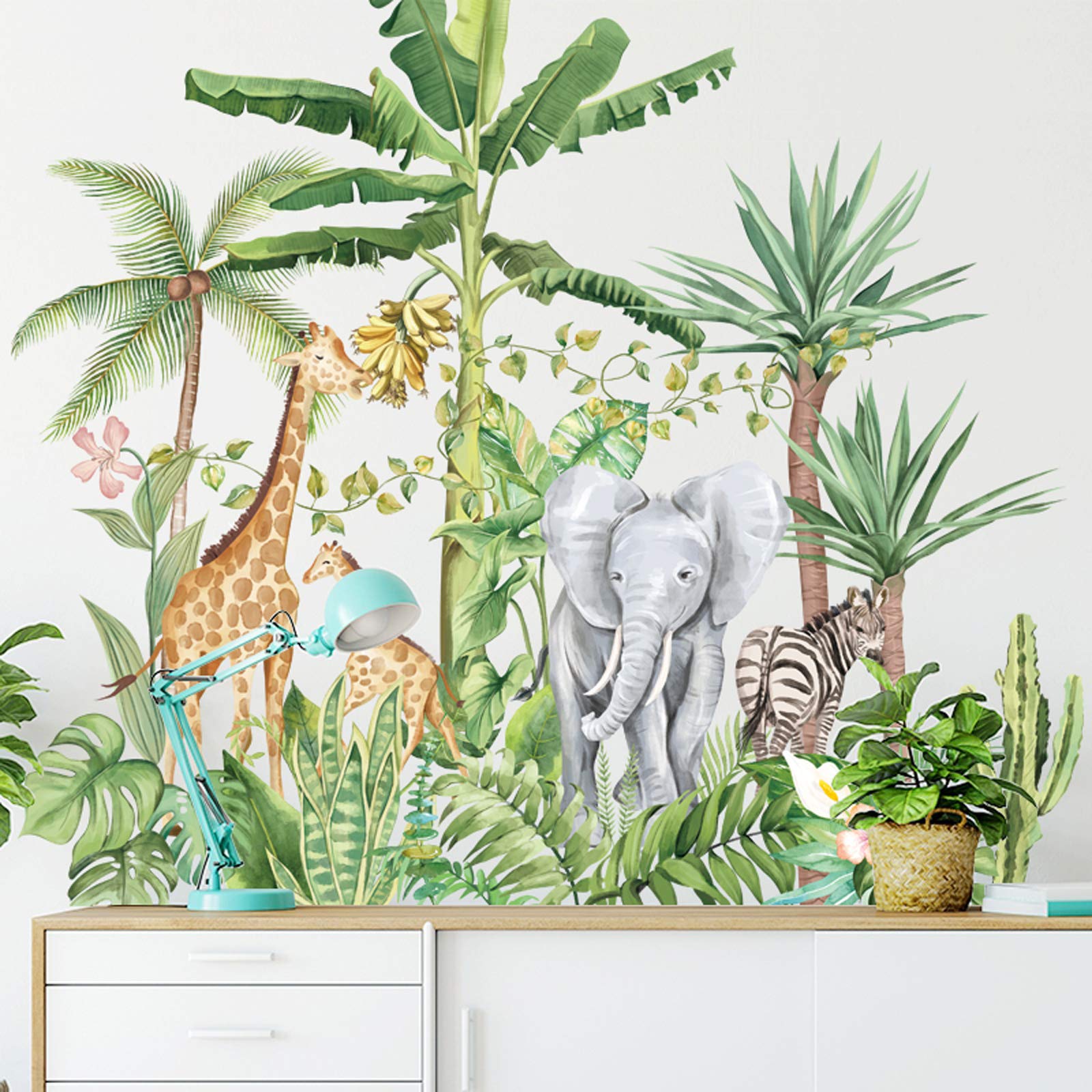 Cartoon Tropical Rainforest Animal Wall Stickers - Removable Jungle Elephant Giraffe Zebra Decals for Kids Bedroom, Nursery & Home Decor | Perfect for Children's Room Themes, Playroom Murals & DIY Wall Art Projects