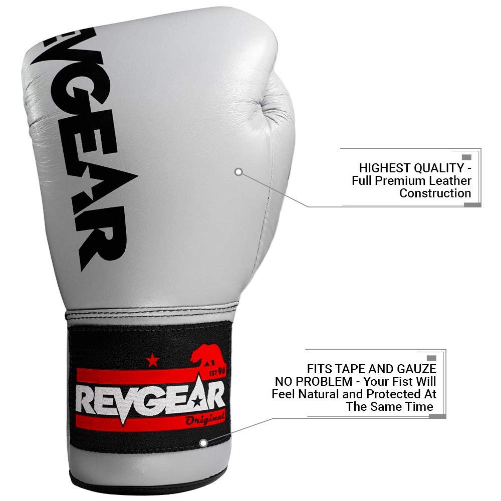 Revgear F1 Competitor Pro Lace Boxing Gloves - Premium Leather Training Gloves for Boxing, MMA & Kickboxing (8oz, Gray) - Ideal for Sparring, Heavy Bag Work & Competition