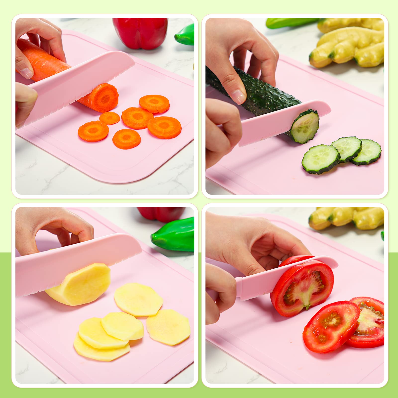 BPA-Free Kids Knife Set - Toddler Safe Cooking Utensils with Plastic Knives, Cutting Board, Plate & Fork | Real Cooking Tools for Children | Ideal for First Kitchen Experience, Montessori Learning & Family Cooking Activities (Pink)