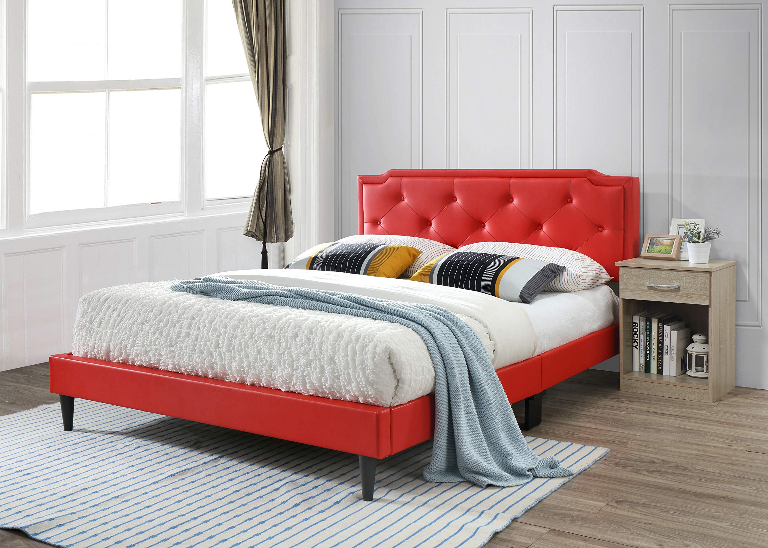 Glory Furniture Deb Faux Leather Upholstered Full Size Bed Frame in Red - Modern Luxury Bedroom Furniture for Master & Guest Rooms