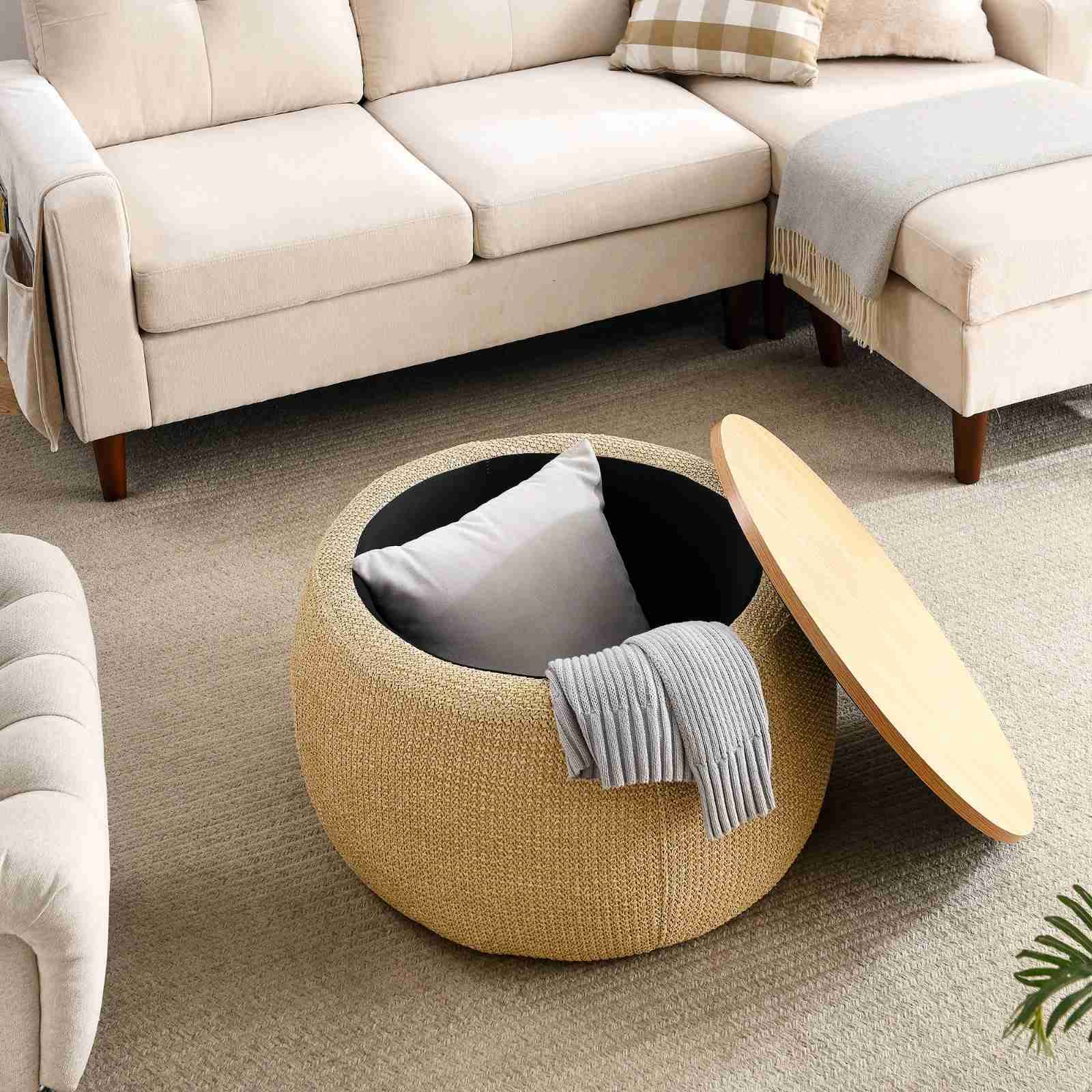 Round Storage Ottoman with Removable Lid - Multifunctional Coffee Table & Footrest for Living Room, Bedroom, or Office - Space-Saving Furniture with Hidden Storage Compartment