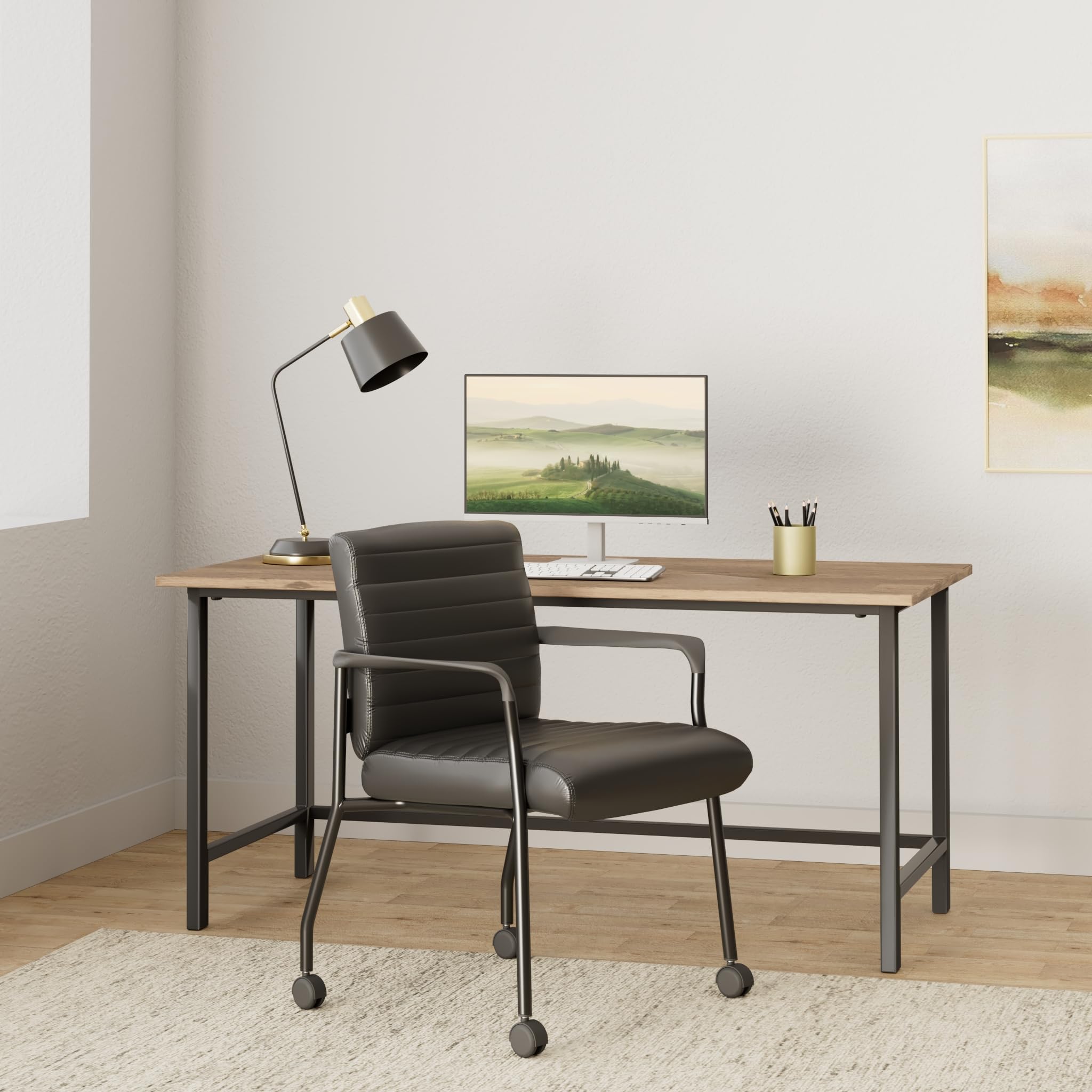 Office Star FL Series Faux Leather Padded Guest Chair with Built-in Lumbar Support & Casters - Black with Black Frame - Perfect for Home Office, Conference Rooms & Reception Areas