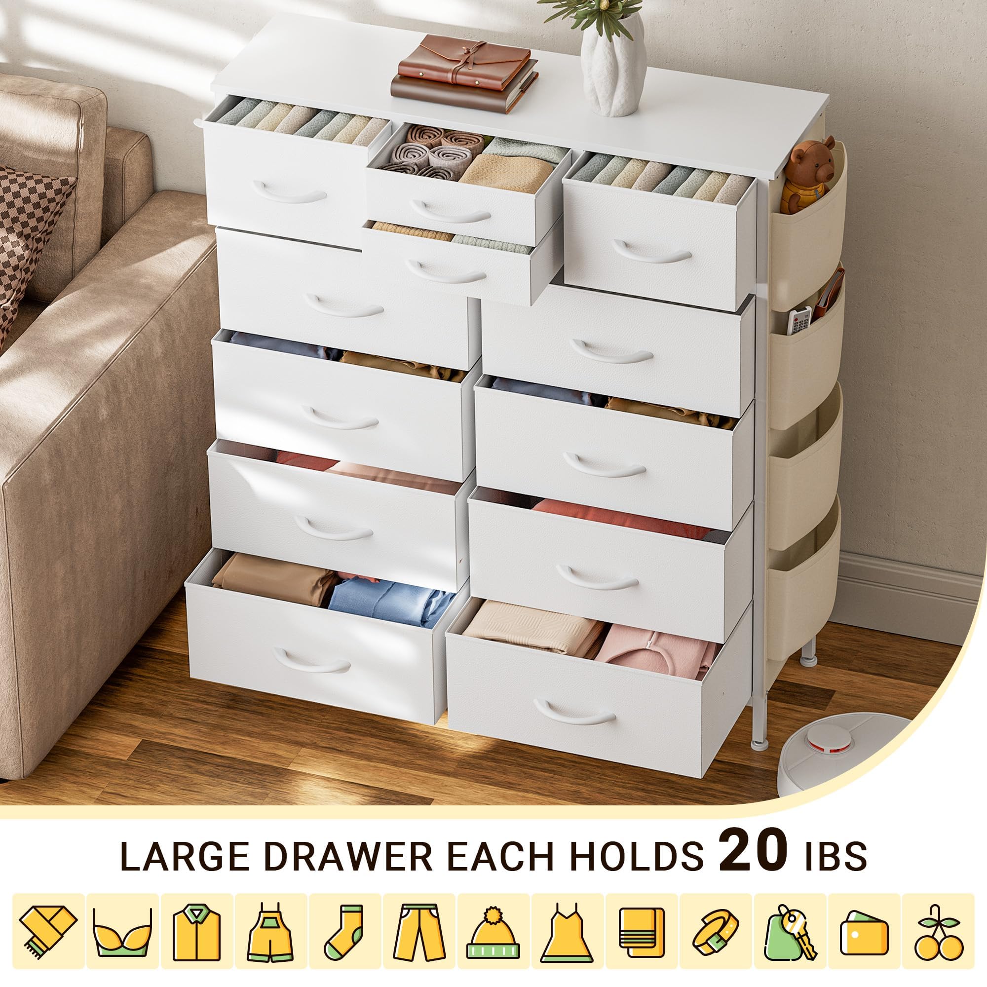 White Dresser with 12 Drawers - Bedroom Storage Organizer for Clothes & Accessories - Perfect for Hallway or Entryway