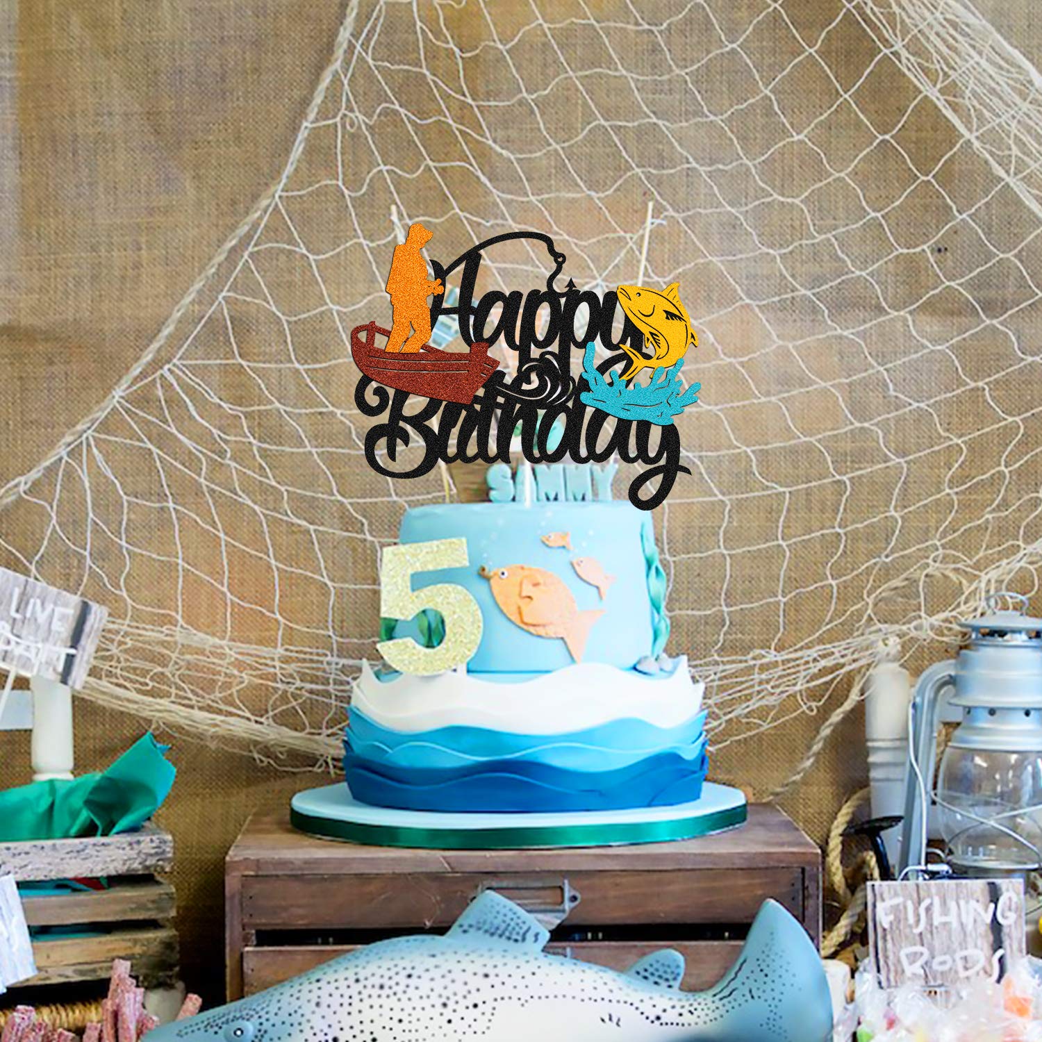 Double Sided Fish Cake Topper - Fishing Pole, Bait & Boat Themed Birthday Decoration for Kids | Perfect for Fishermen, Angler & Fishing Party Supplies | Ideal for Boys, Girls & Children's Birthday Cakes