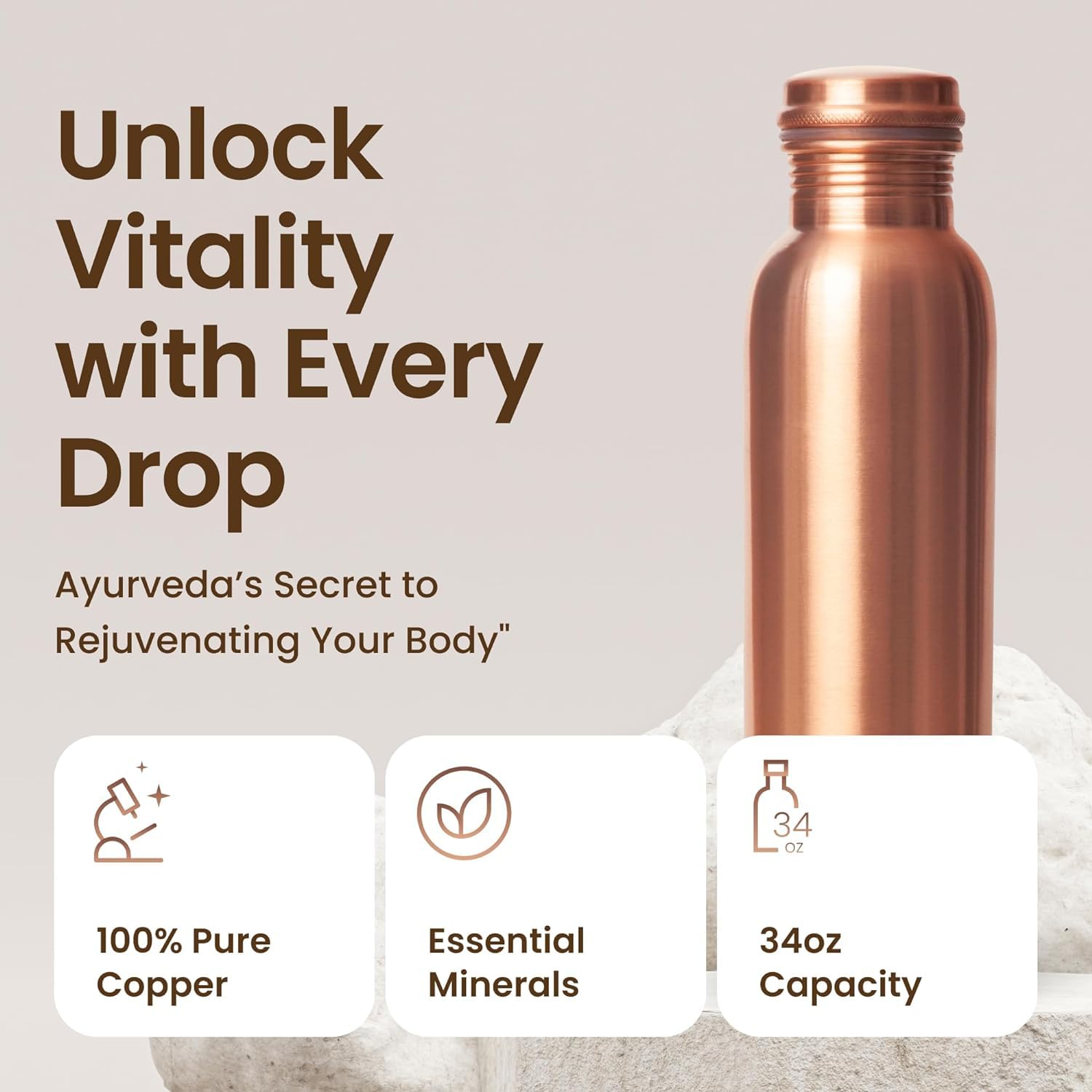 YOUONE 100% Pure Copper Water Bottle 1L (1000ml) - Leak Proof, BPA Free, Reusable for Daily Hydration, Gym, Yoga & Outdoor Activities - Pack of 1 (Copper)