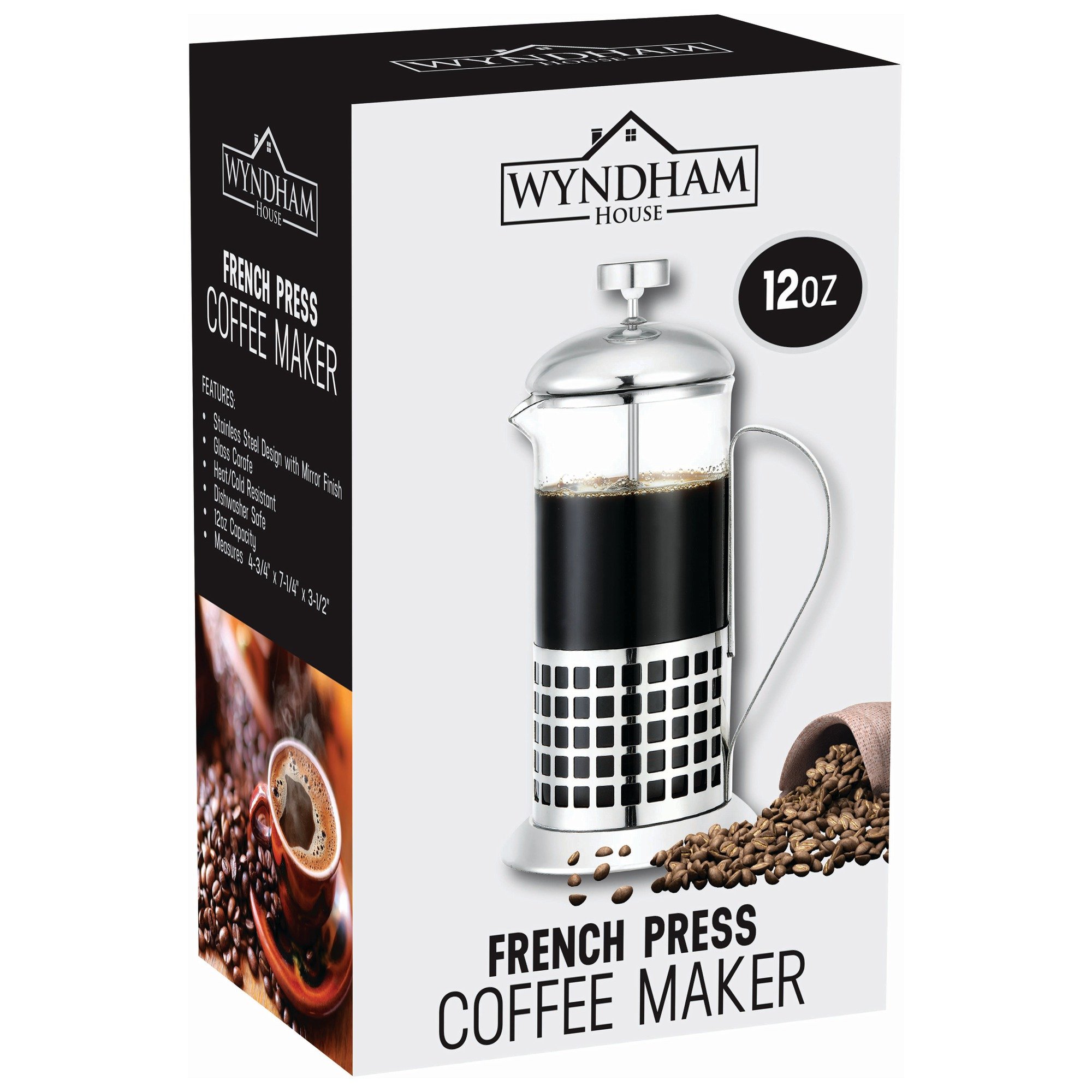 Wyndham House™ 12oz French Press Coffee Maker - Stainless Steel, Heat-Resistant Glass - Perfect for Home, Office & Camping Coffee Brewing