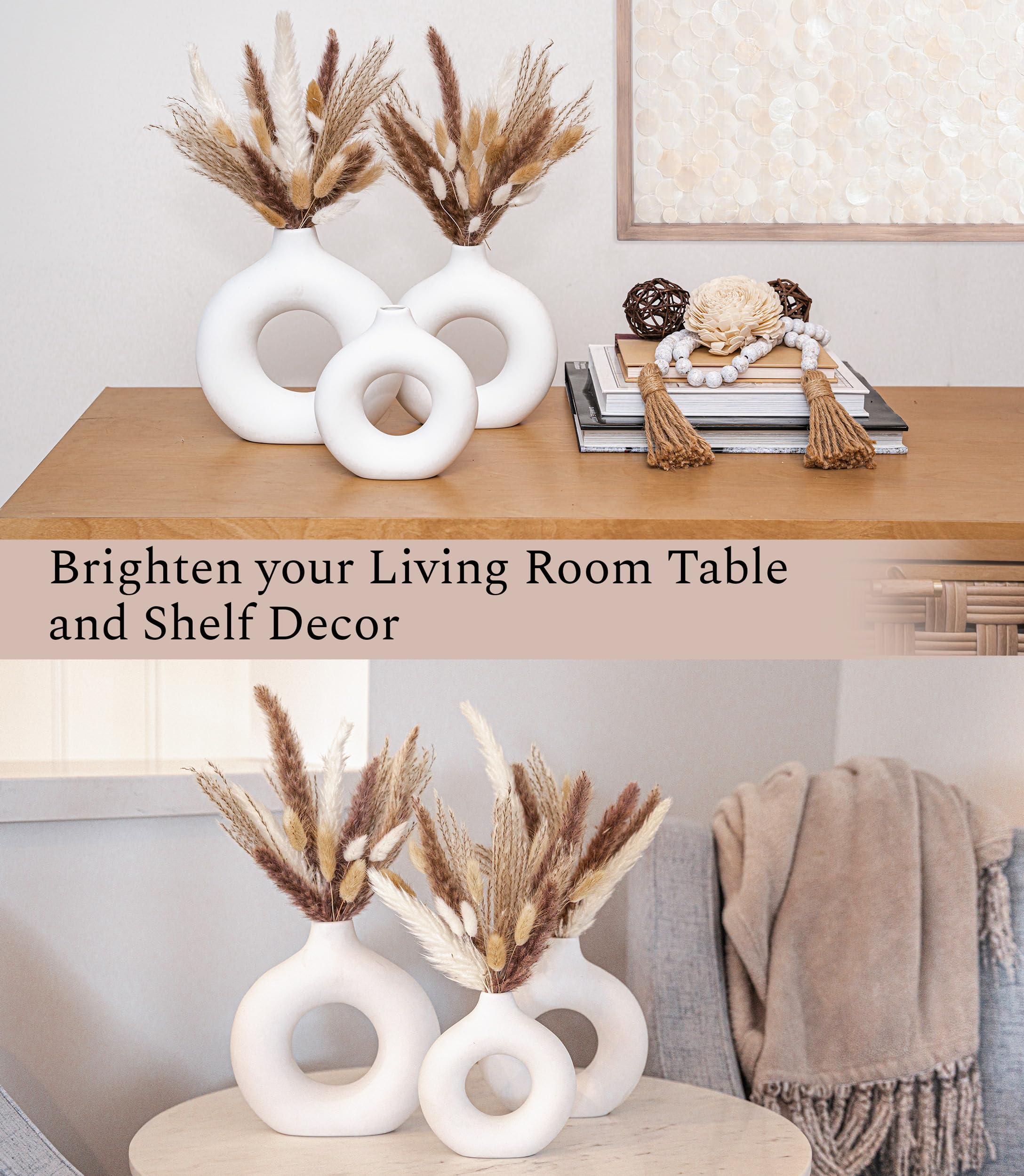 VELOVA Set of 3 White Ceramic Vases with 65 PCS Dried Pampas Grass - Modern Boho Home Decor for Living Room, Bedroom, Office Desk & Coffee Table - Perfect Aesthetic Gift for Women & Mom