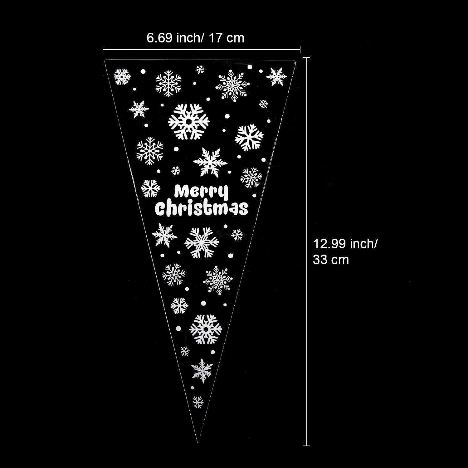 Tatuo 100-Pack Clear Christmas Cone Cellophane Bags - Medium Triangle Treat Bags with Twist Ties for Holiday Candy, Party Favors & Gift Wrapping (Snowflake Design) - Perfect for Christmas Celebrations, Cookie Exchanges & Stocking Stuffers