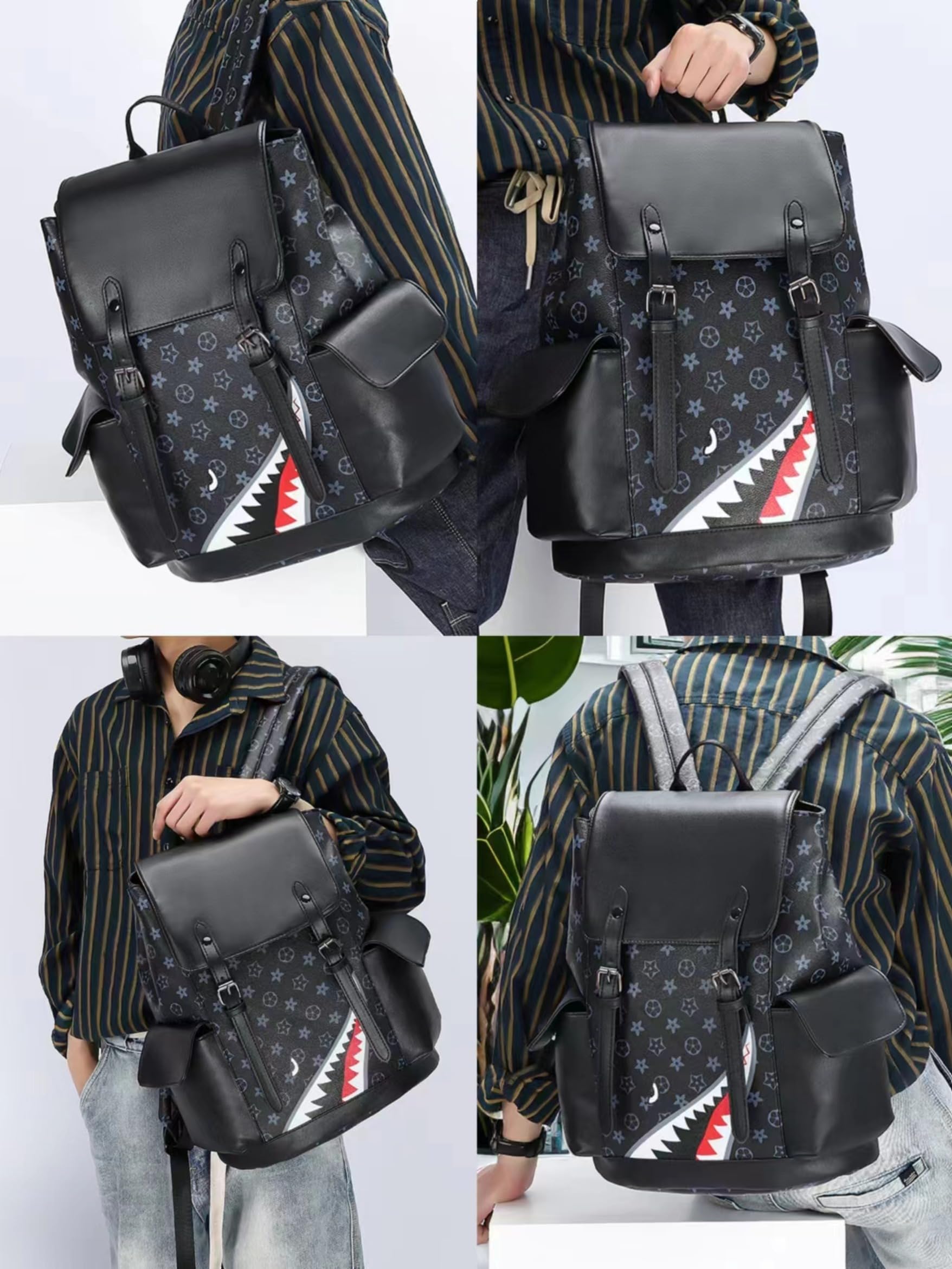 Premium PU Leather Laptop Backpack for Business, School & Travel - Multi-Functional Shoulder Bag with USB Charging Port - Ideal for College, Office & Hiking (Black) AKH-596
